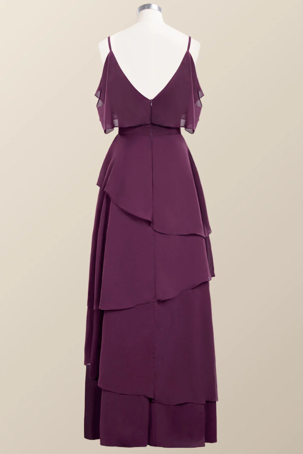 Straps Grape Chiffon Tiered Ruffle Bridesmaid Dress