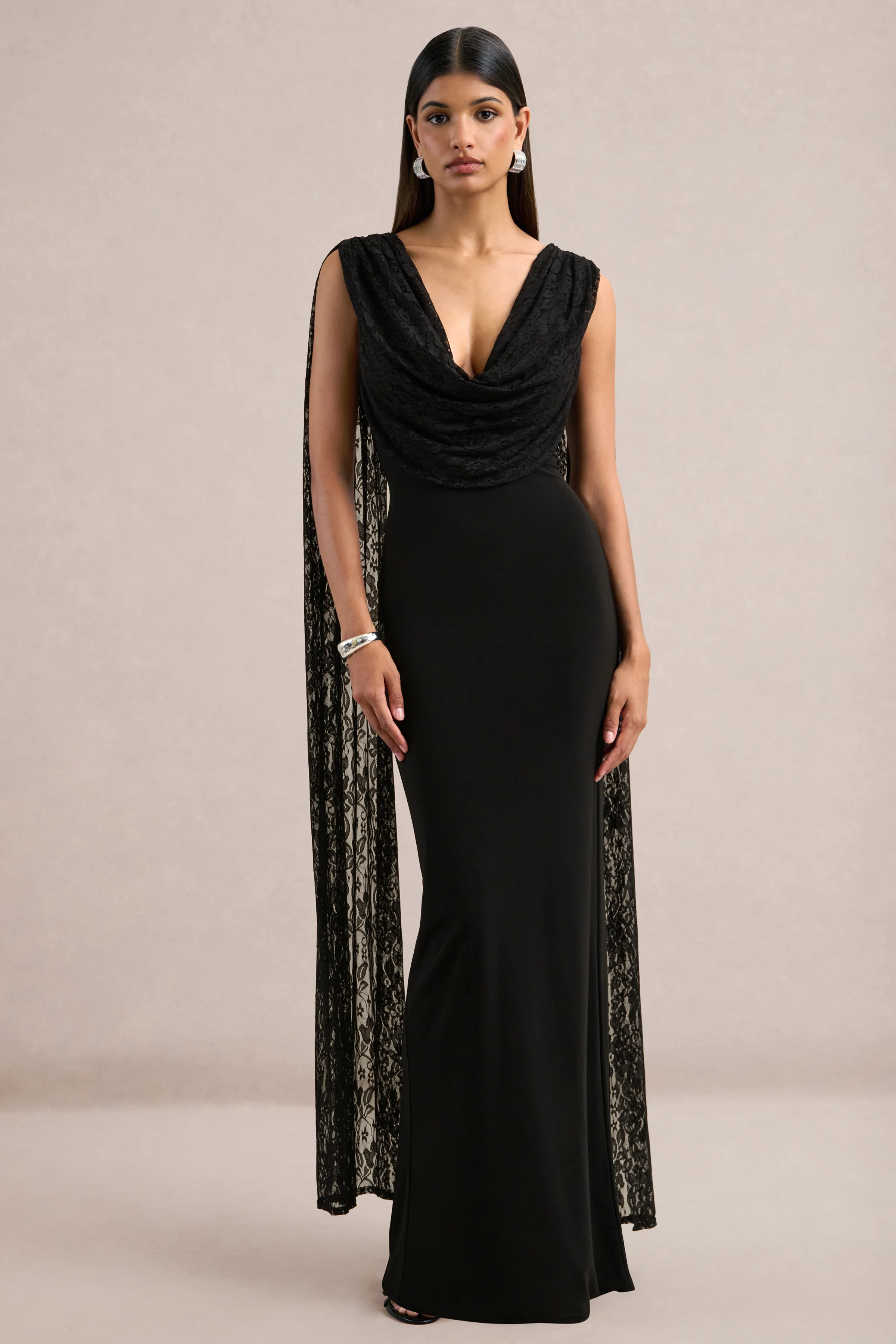 Eliette | Black Jersey Ruched V Neck Maxi Dress With Draped Detailing And Lace Cape