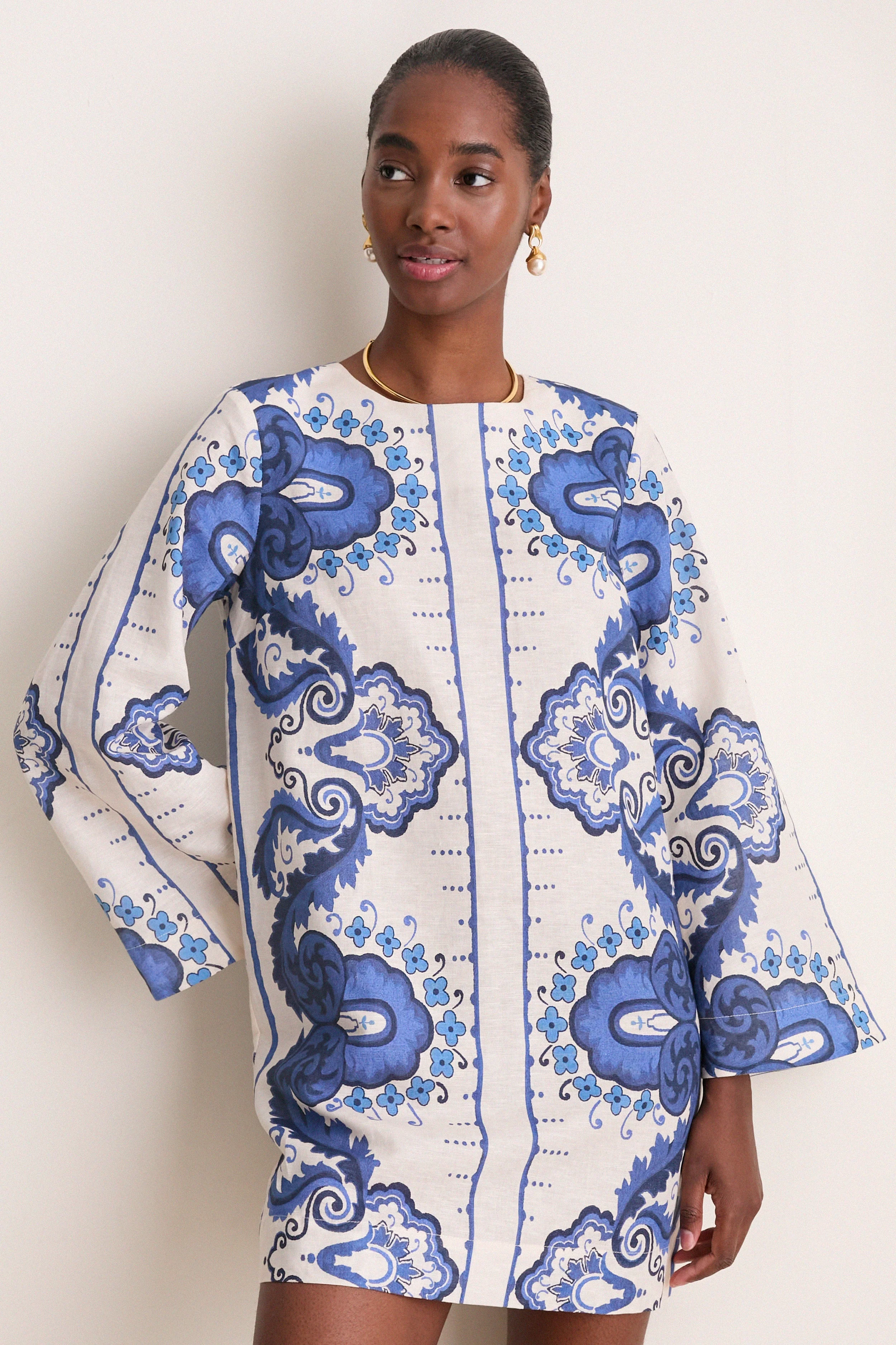 Ultramarine Medallion Cotton Linen Linden Mini Dress