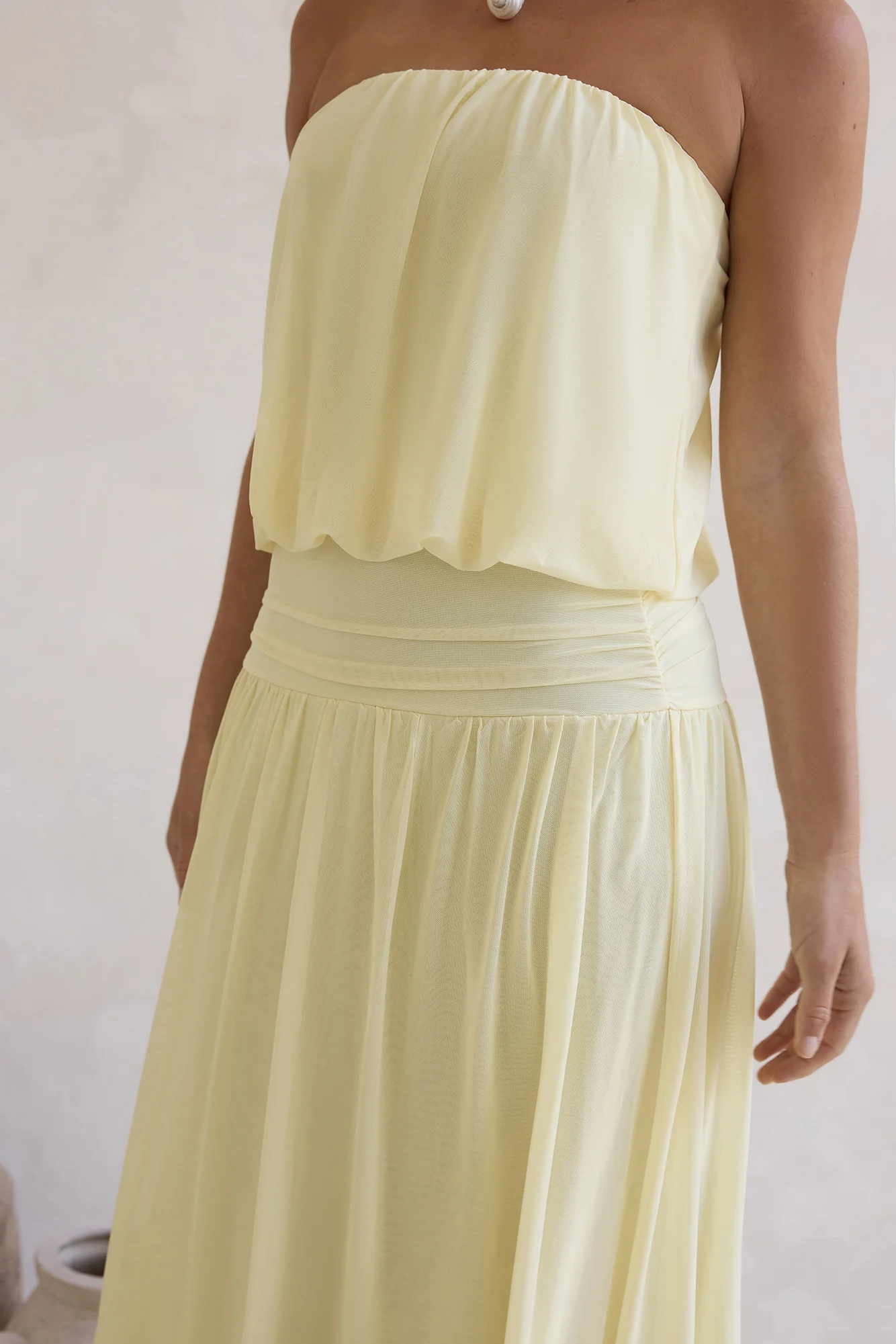 Calling Me Mesh Strapless Maxi Dress Yellow