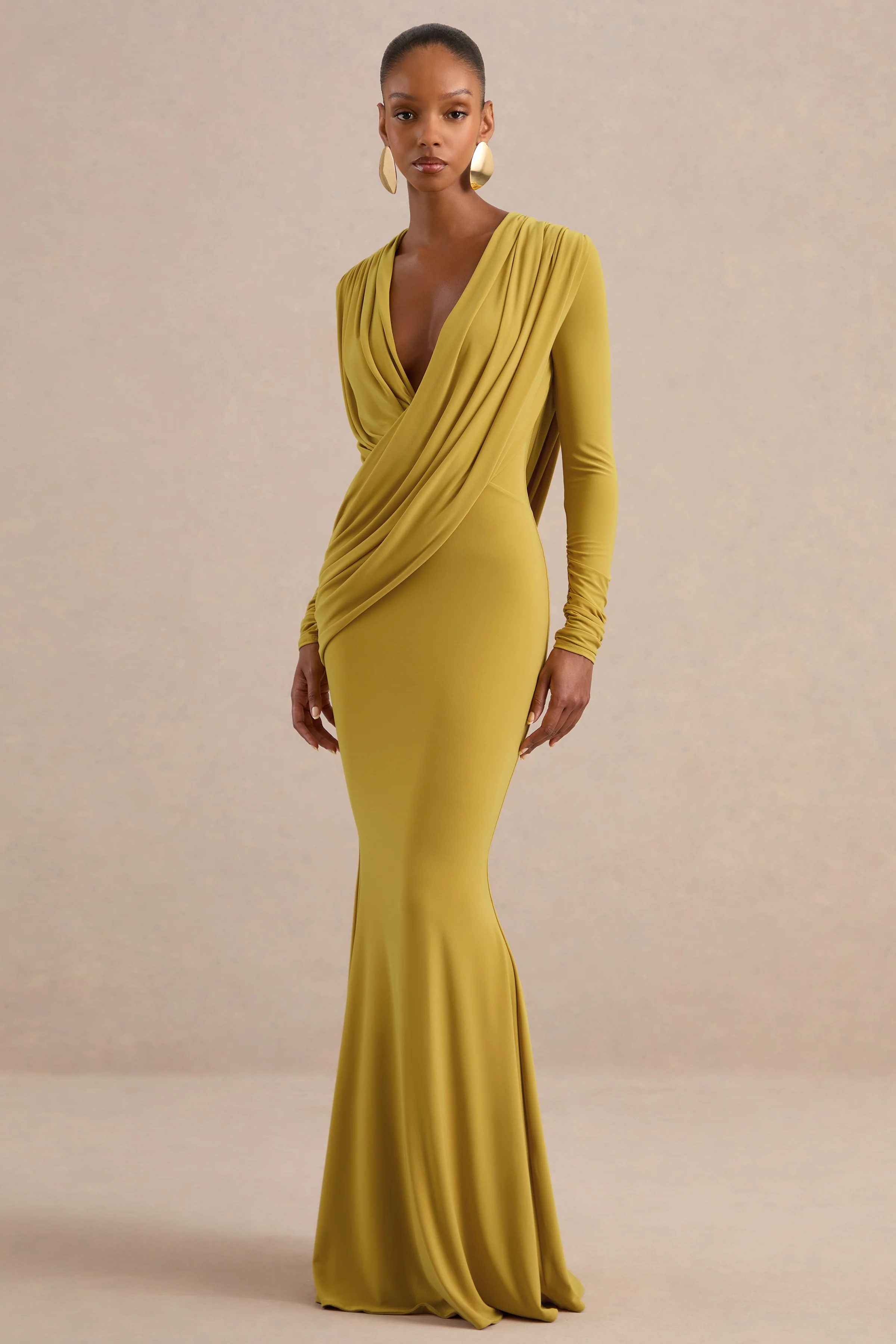 Azmina | Mustard Jersey Ruched V Neck Long Sleeve Maxi Dress With Draped Detailing And Low Back