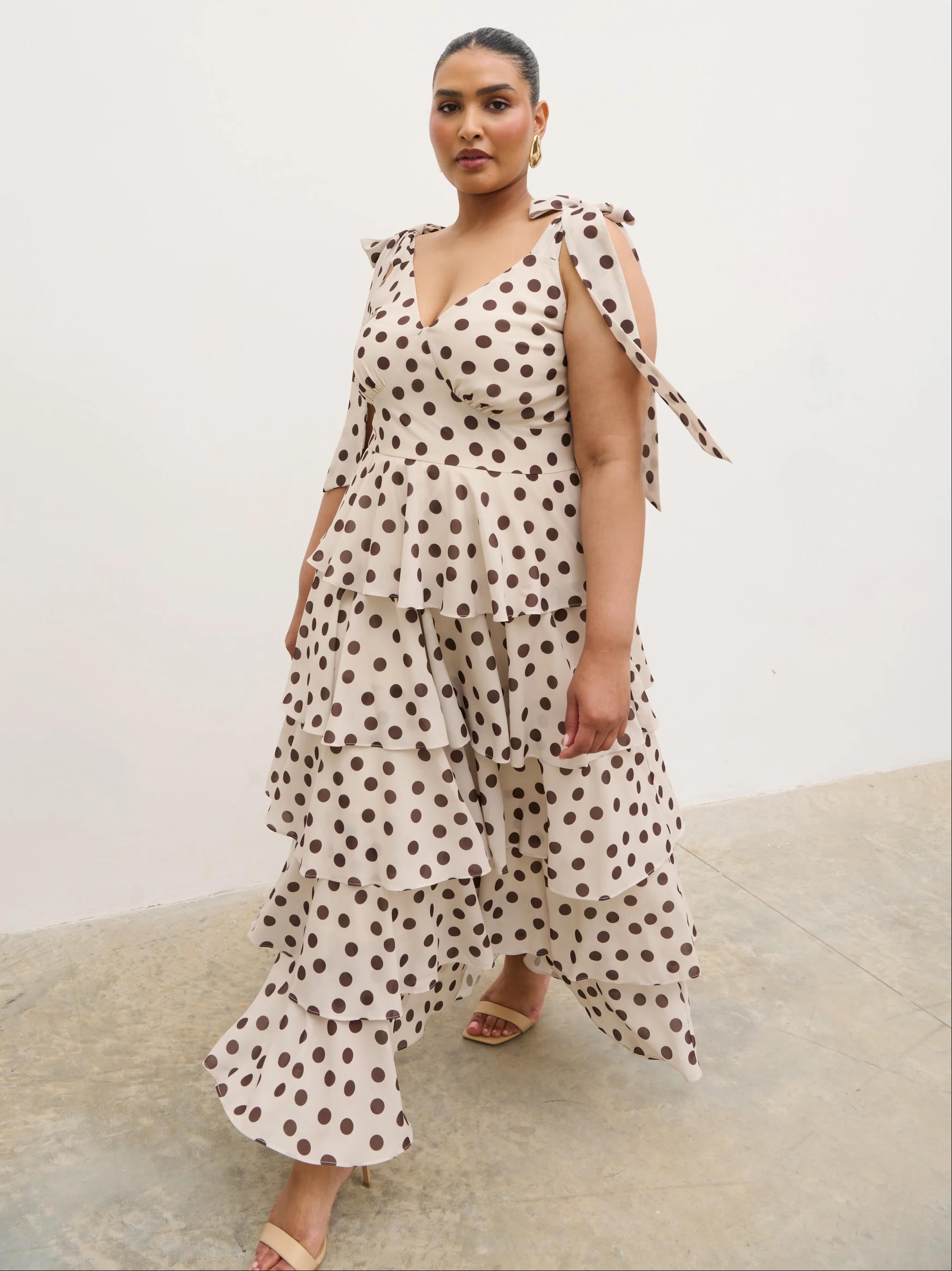 Fiore Tie Ruffle Maxi Dress Curve - Large Brown and Cream Polkadot