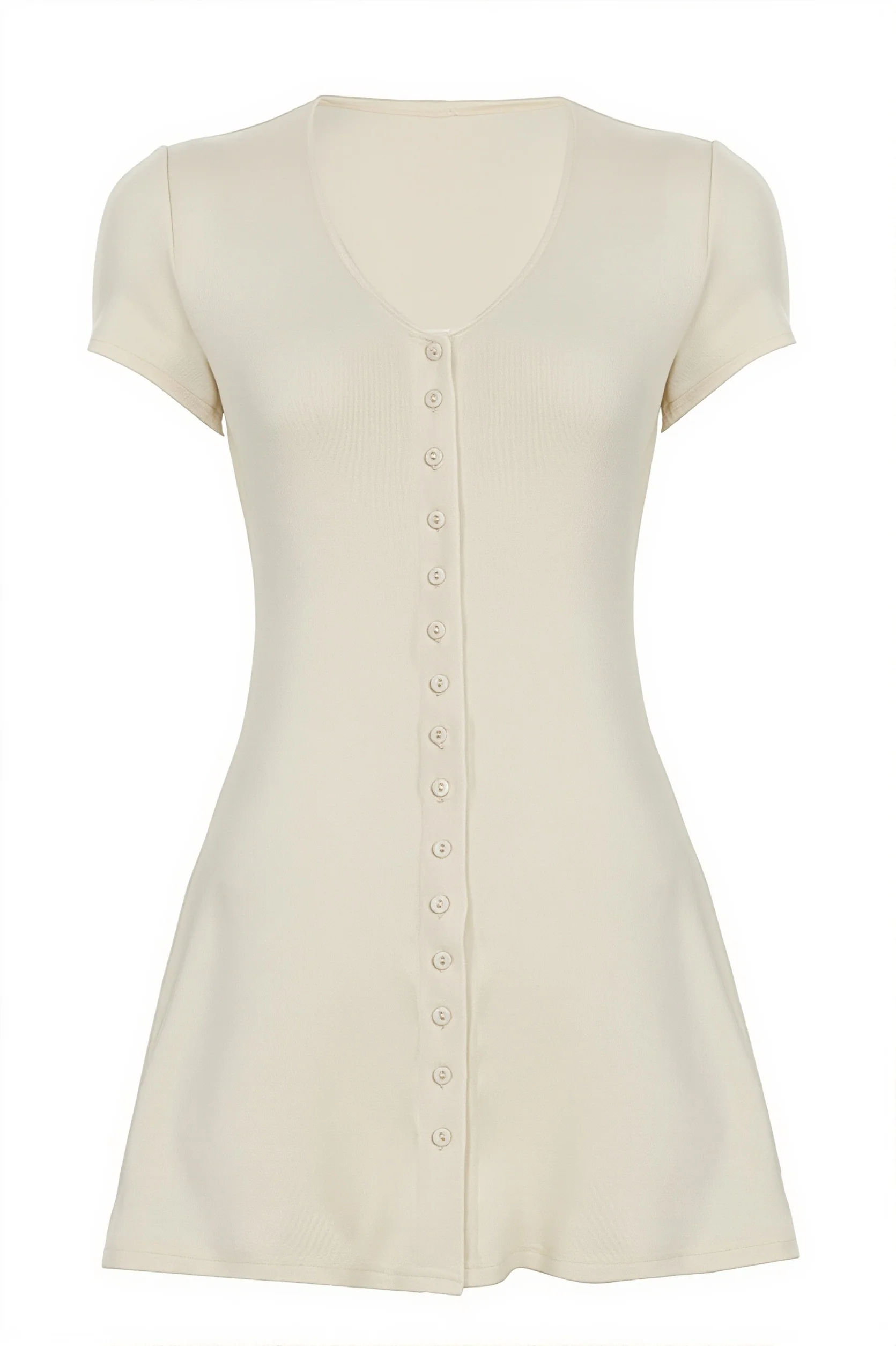 Solid Button Knit V Neck Slim Mini Dress