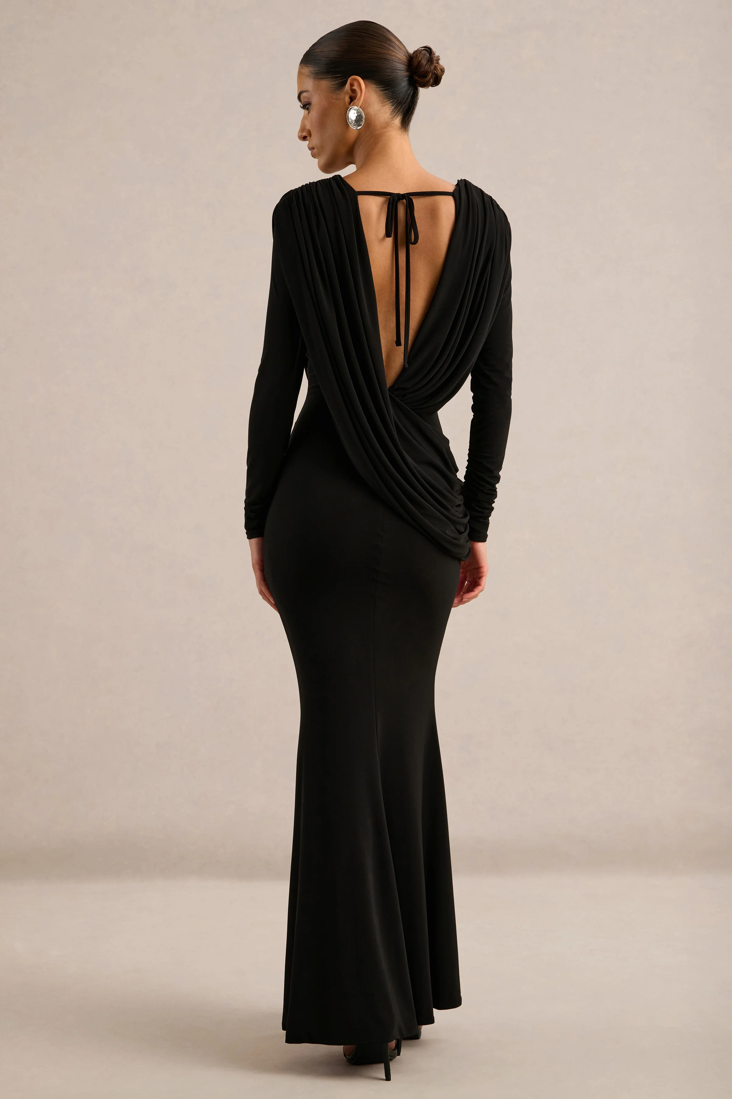 Azmina | Black Jersey Ruched V Neck Long Sleeve Maxi Dress With Draped Detailing And Low Back