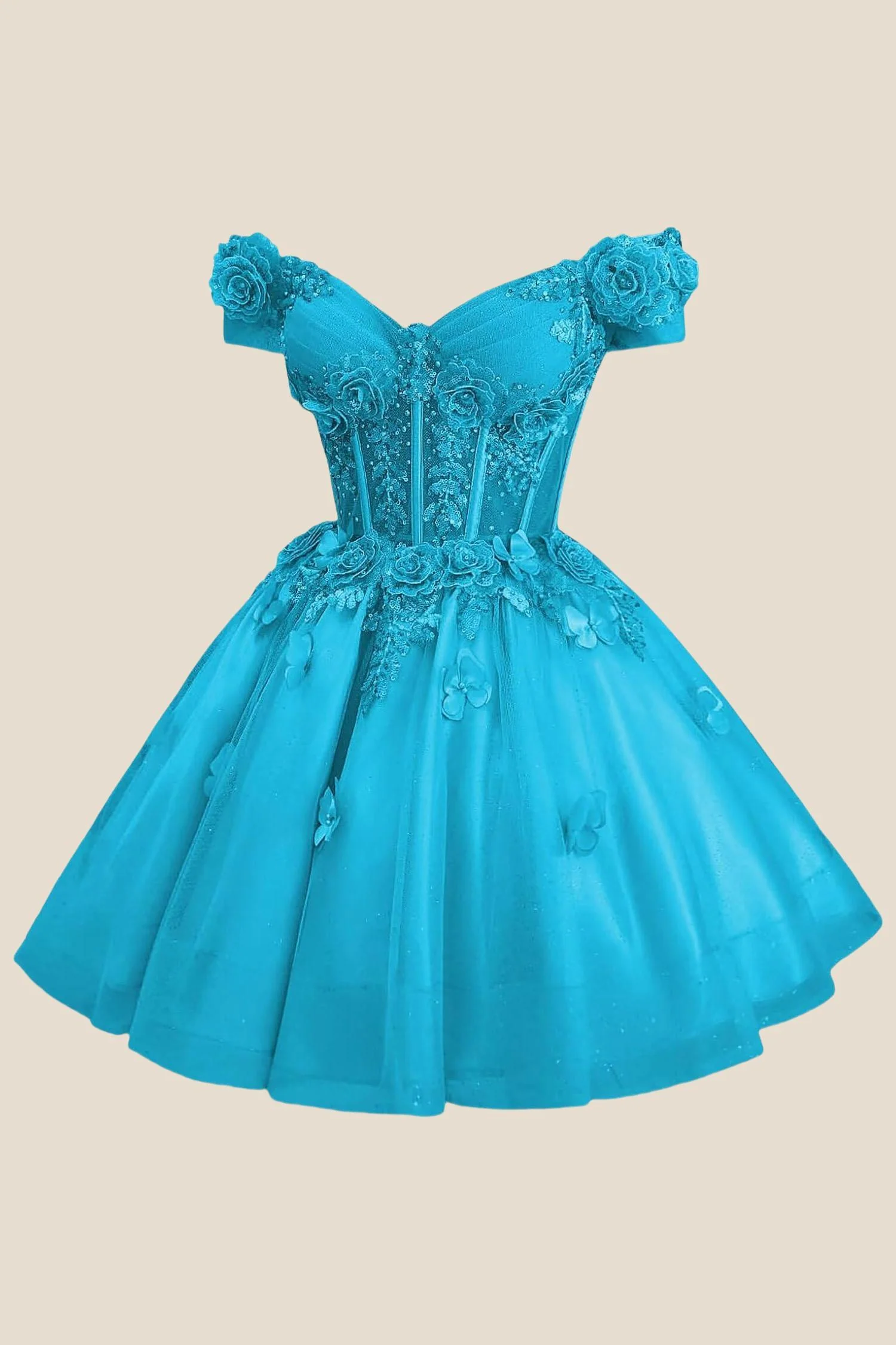 Off the Shoulder Pink 3D Floral Short Dress