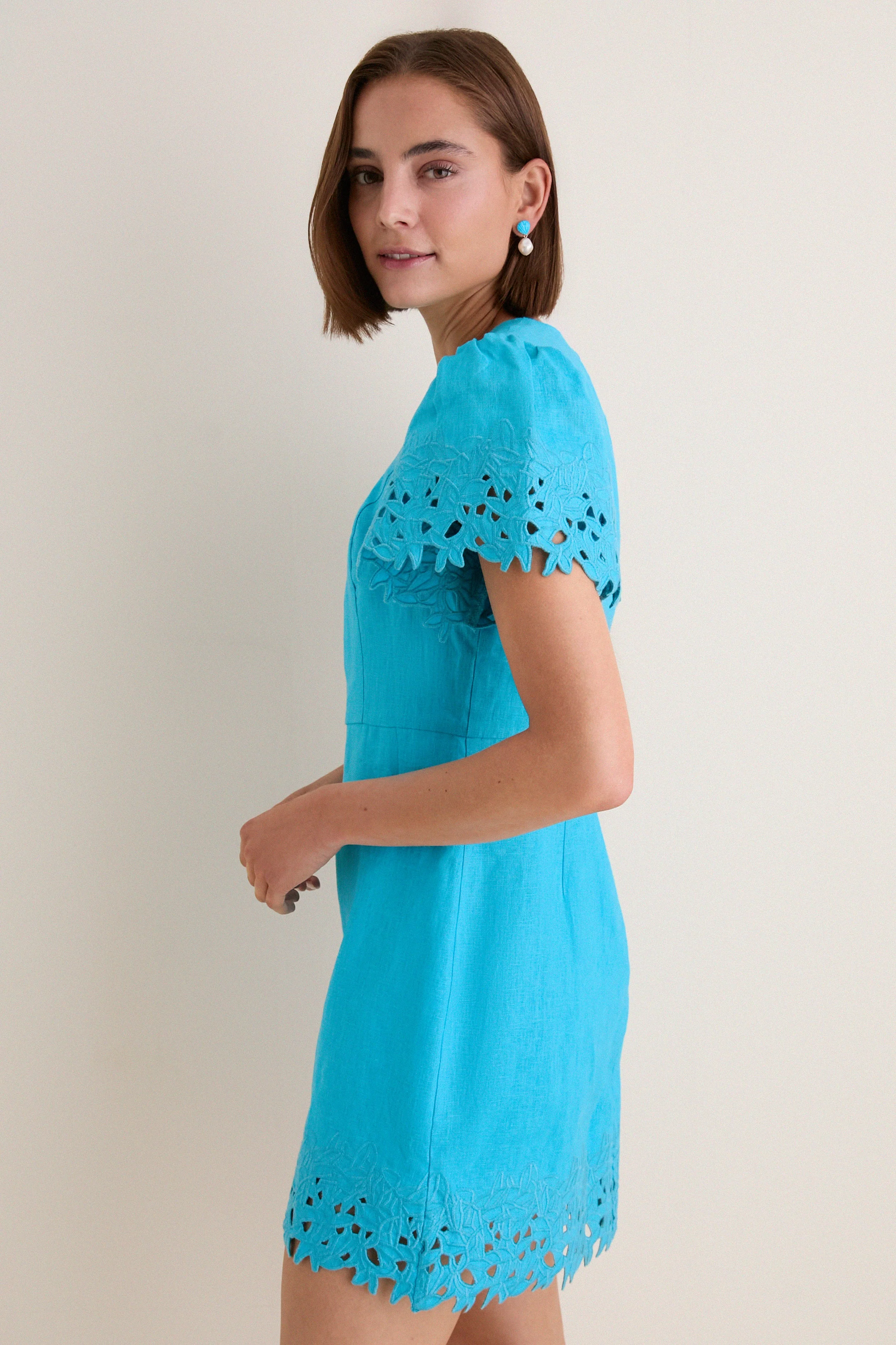 Aqua Linen Embroidered Ruthie Mini Dress