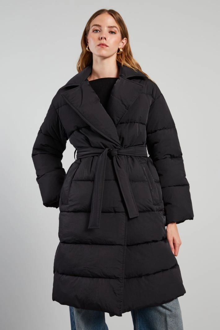 Long belted padded coat - BLACK