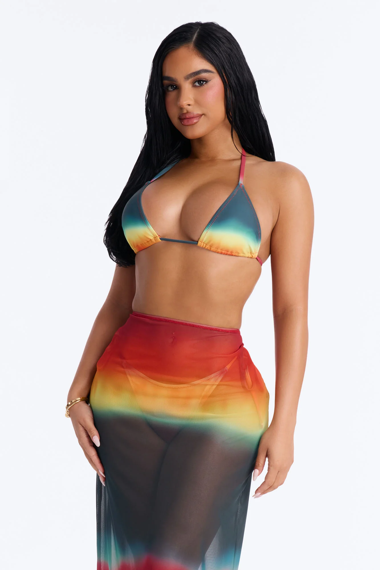 Arianna Ombre Sheer 3 Piece Bikini Skirt Set - Multi Color