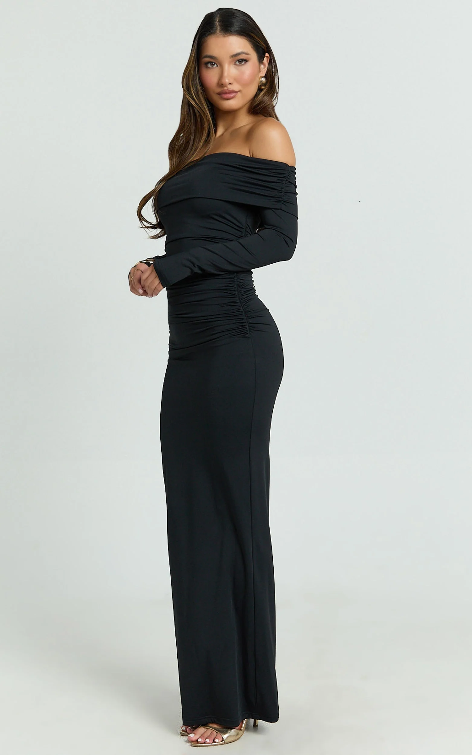 Emilie Maxi Dress - Off Shoulder Long Sleeve Ruched Jersey Dress in Black