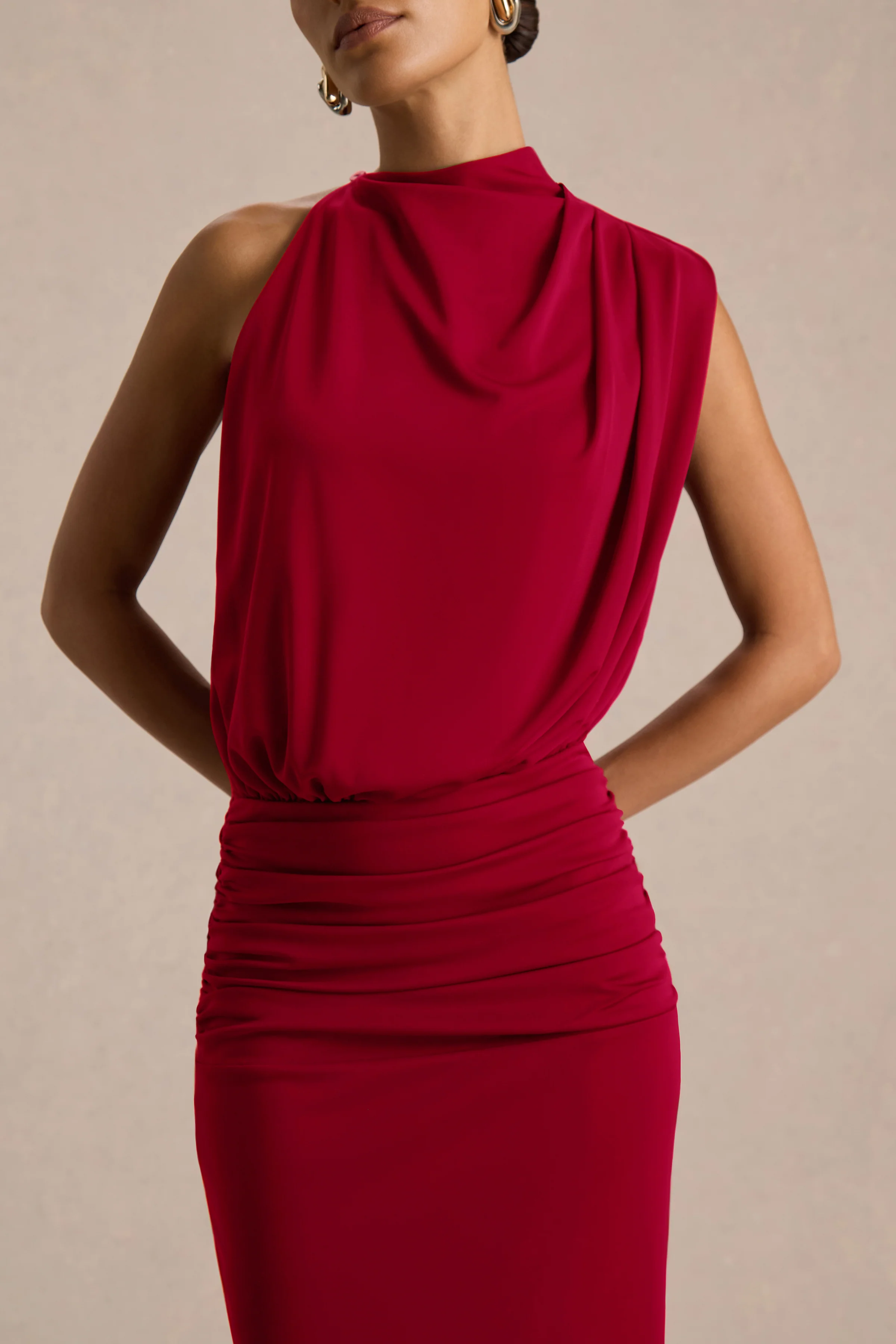 Umaira | Red Ruched High Neck Maxi Dress With Draped Detailing