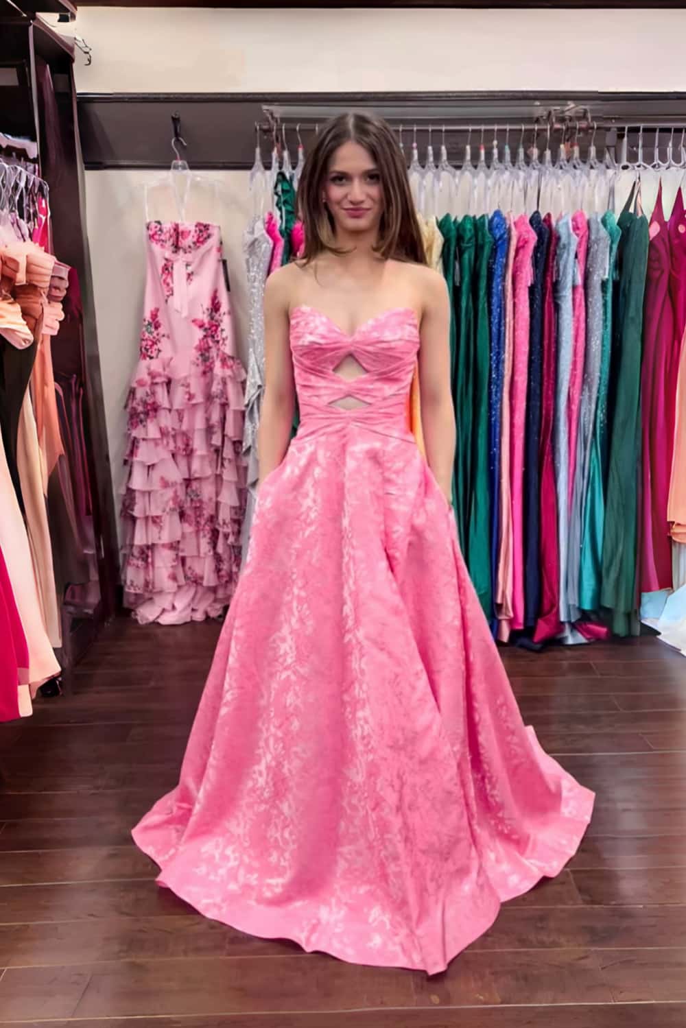 Keyholes Blue Jacquard A-line Prom Dress