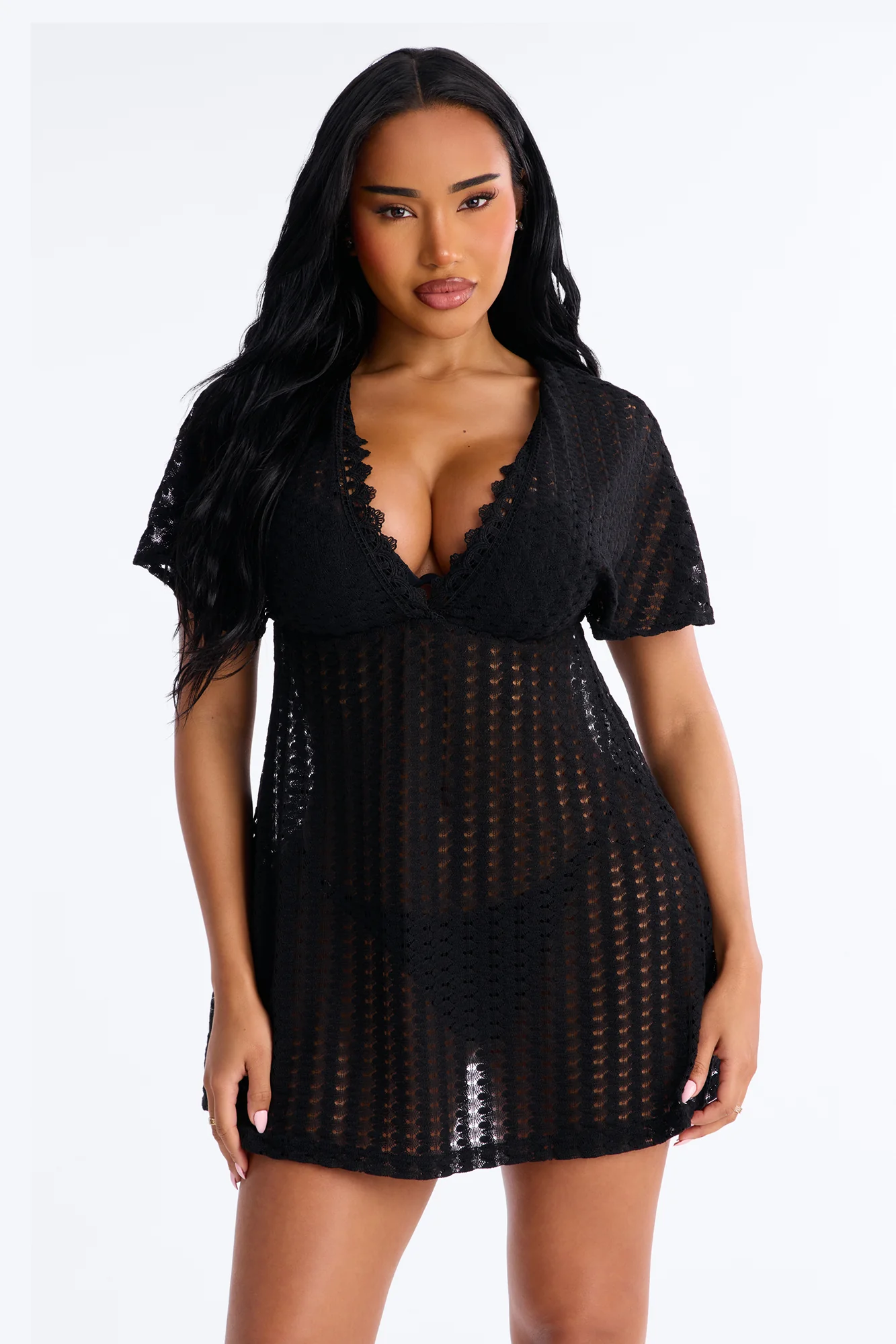 Palm Tree Shade Swim Cover Up Mini Dress - Black