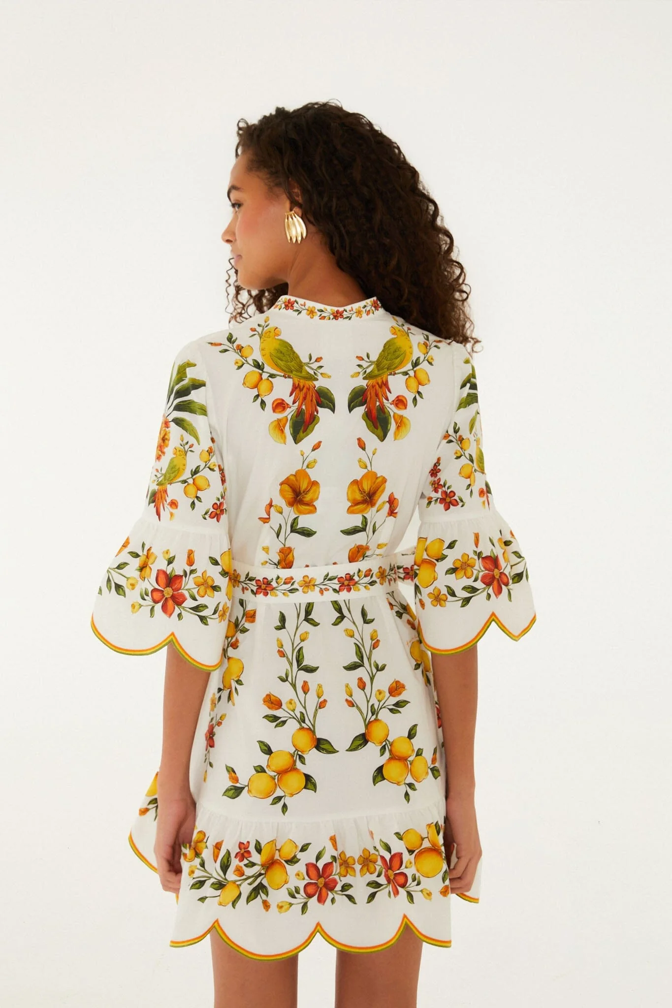 Off-White Lemon Bouquet Belted Puff Sleeve Mini Dress