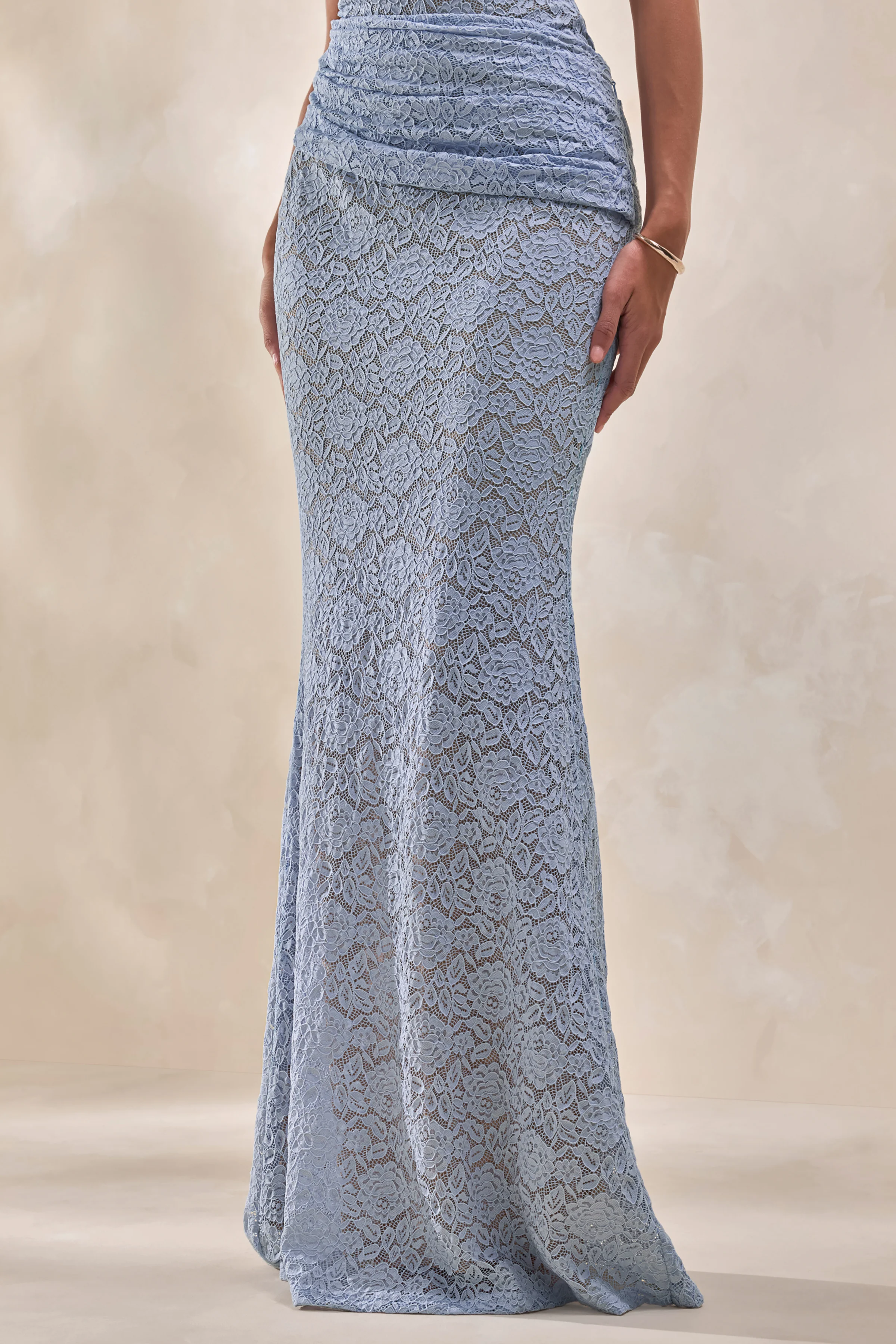 Viara | Powder Blue Lace Maxi Skirt With Draped-Detailing