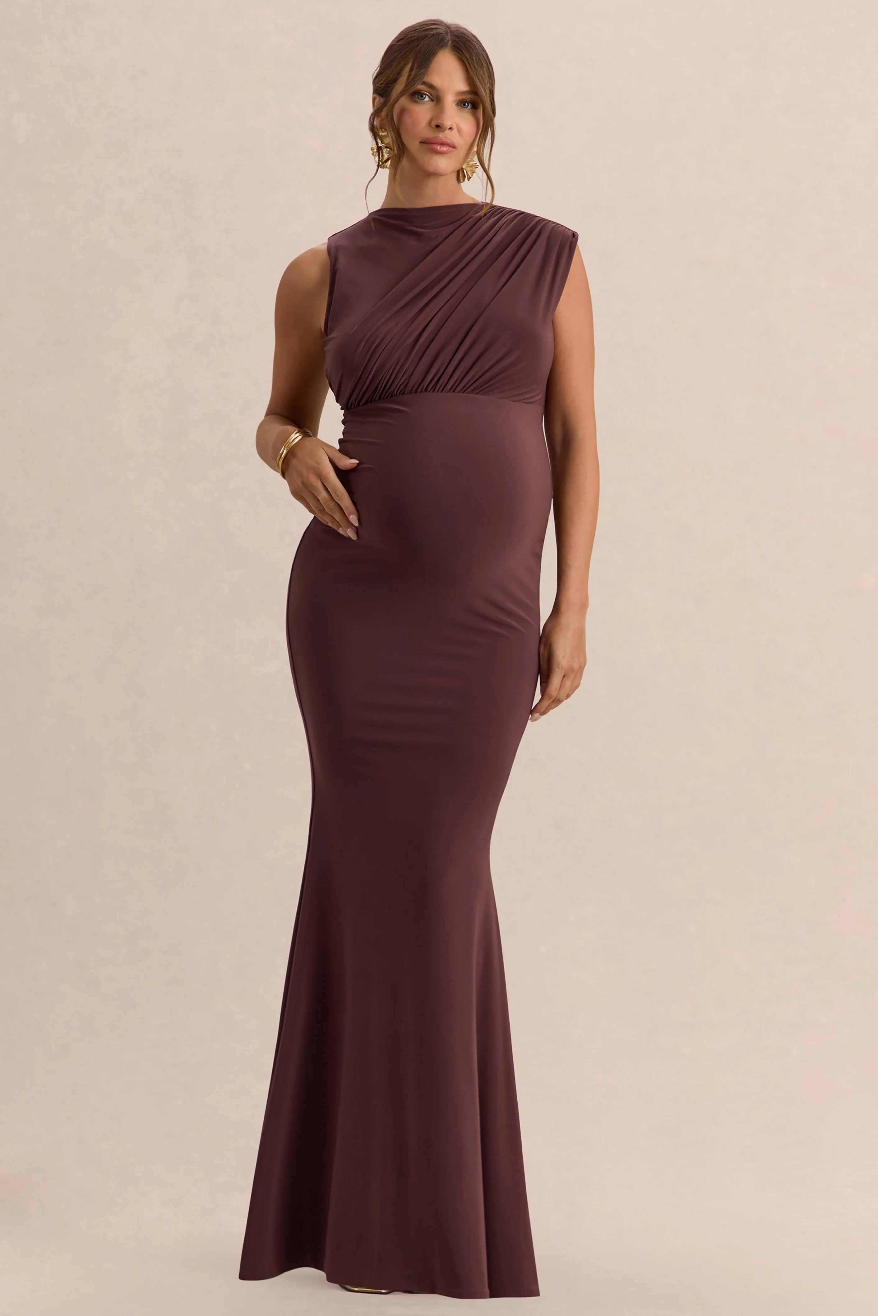 Osanna | Dark Brown Wide-Neck Maternity Maxi Dress With Ruched Detailing