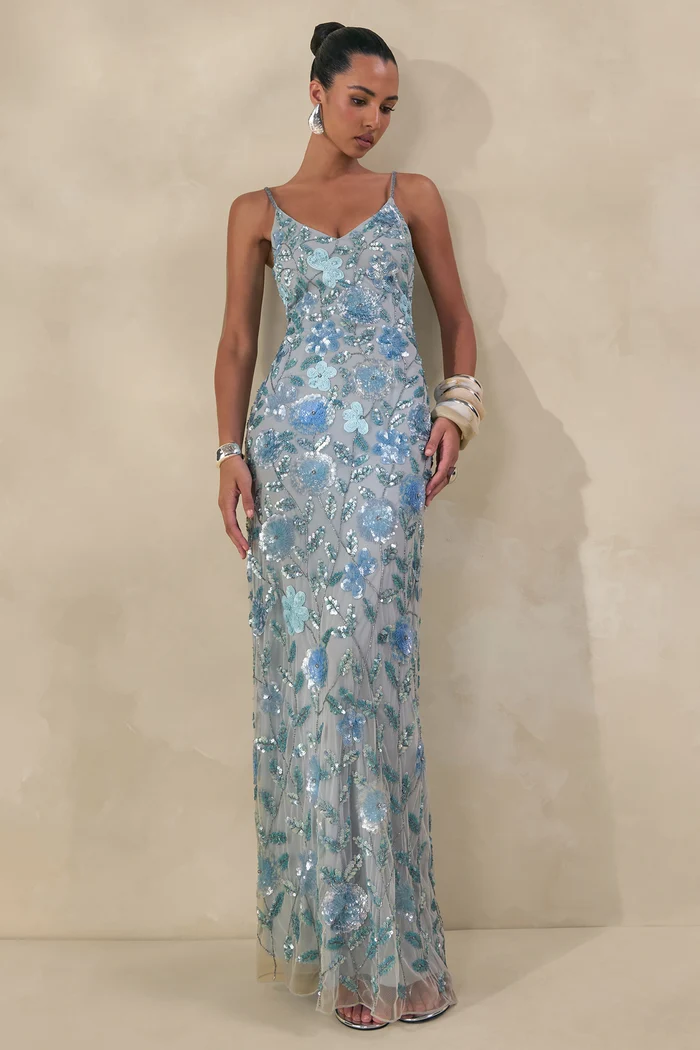 Gemini | Blue Embellished Strappy Maxi Dress
