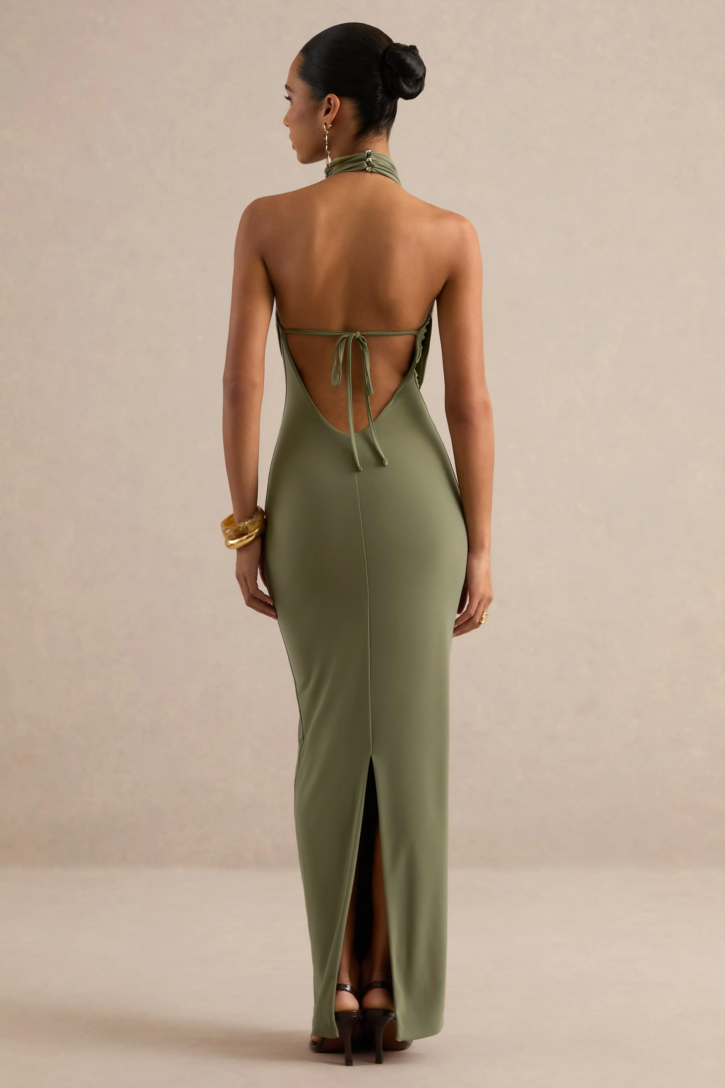 Lucianae | Olive Jersey Cowl Maxi Dress With Open Back And Back Split