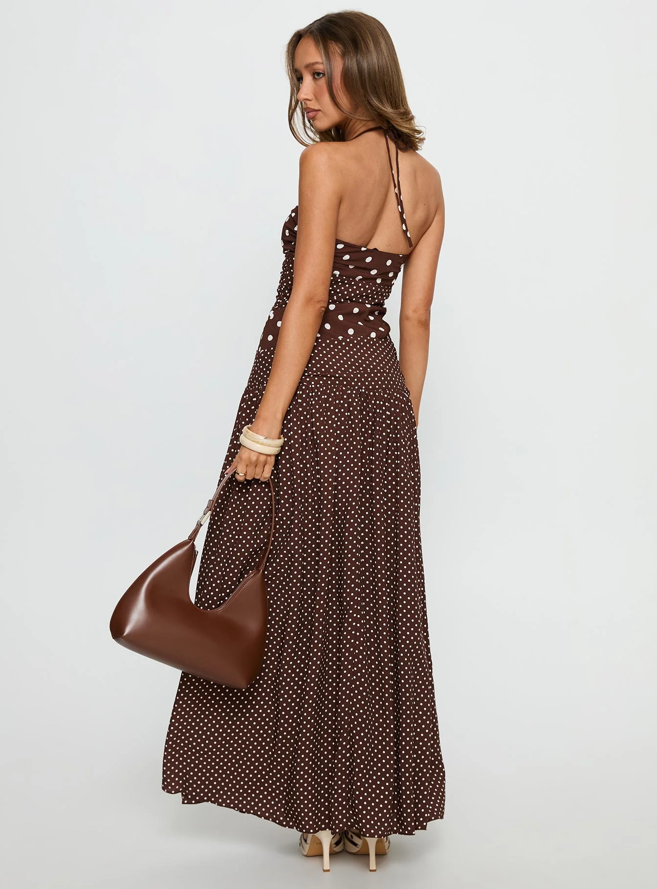 Marguerite Halter Maxi Dress Brown Polka Dot