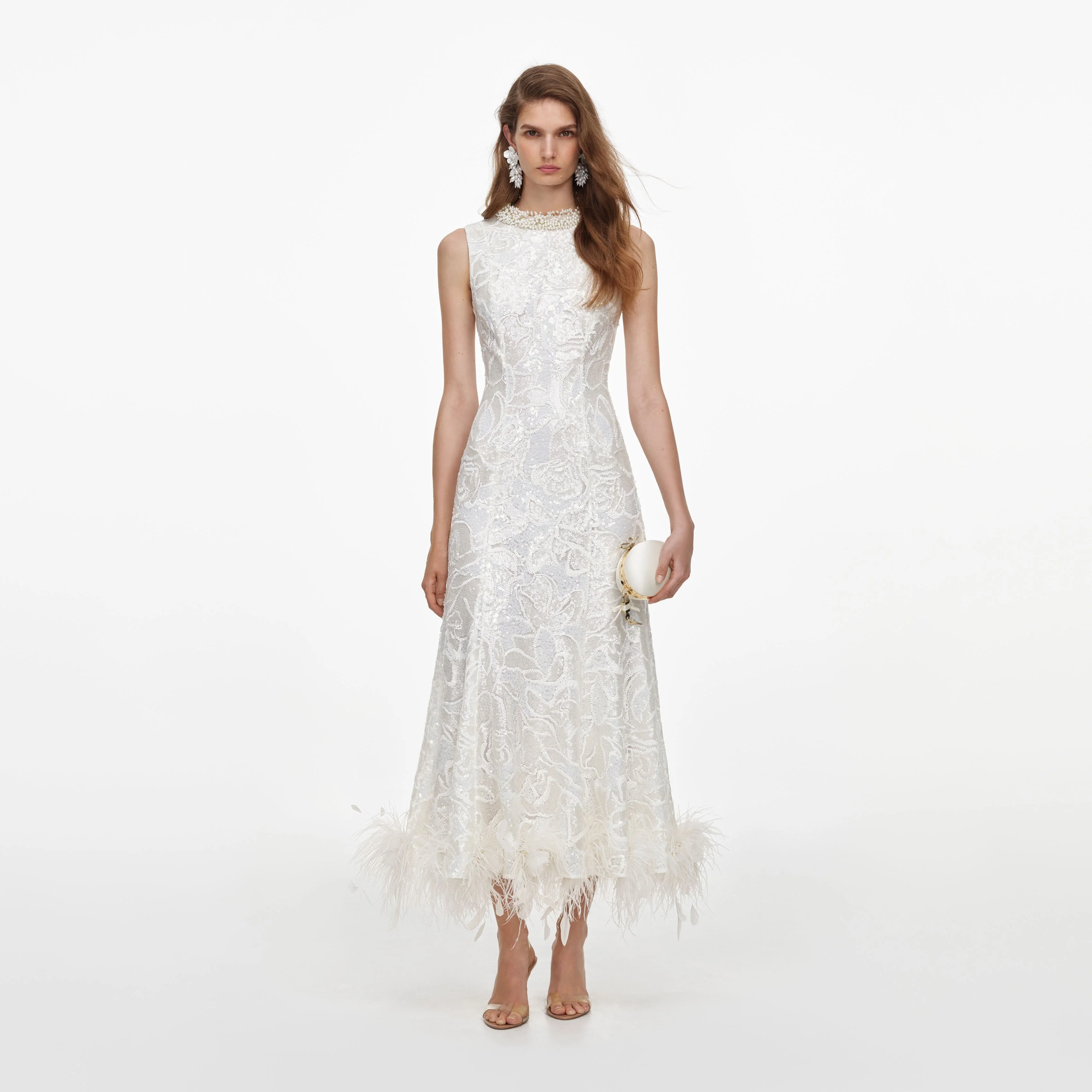 White Sequin Lace Feather Midi Dress