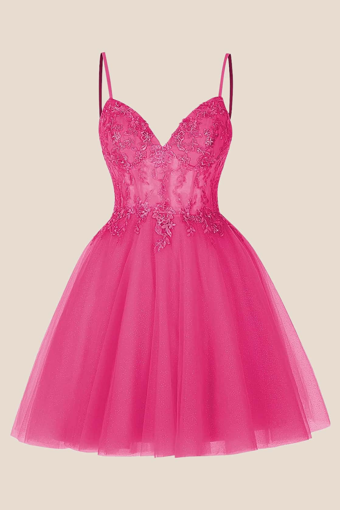 Hot Pink Straps Appliques A-line Short Dress
