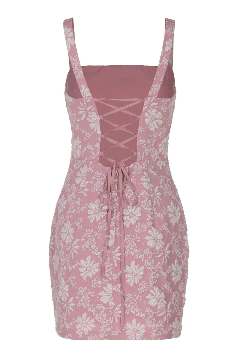 Square Neck Pink Floral Print Short Dress