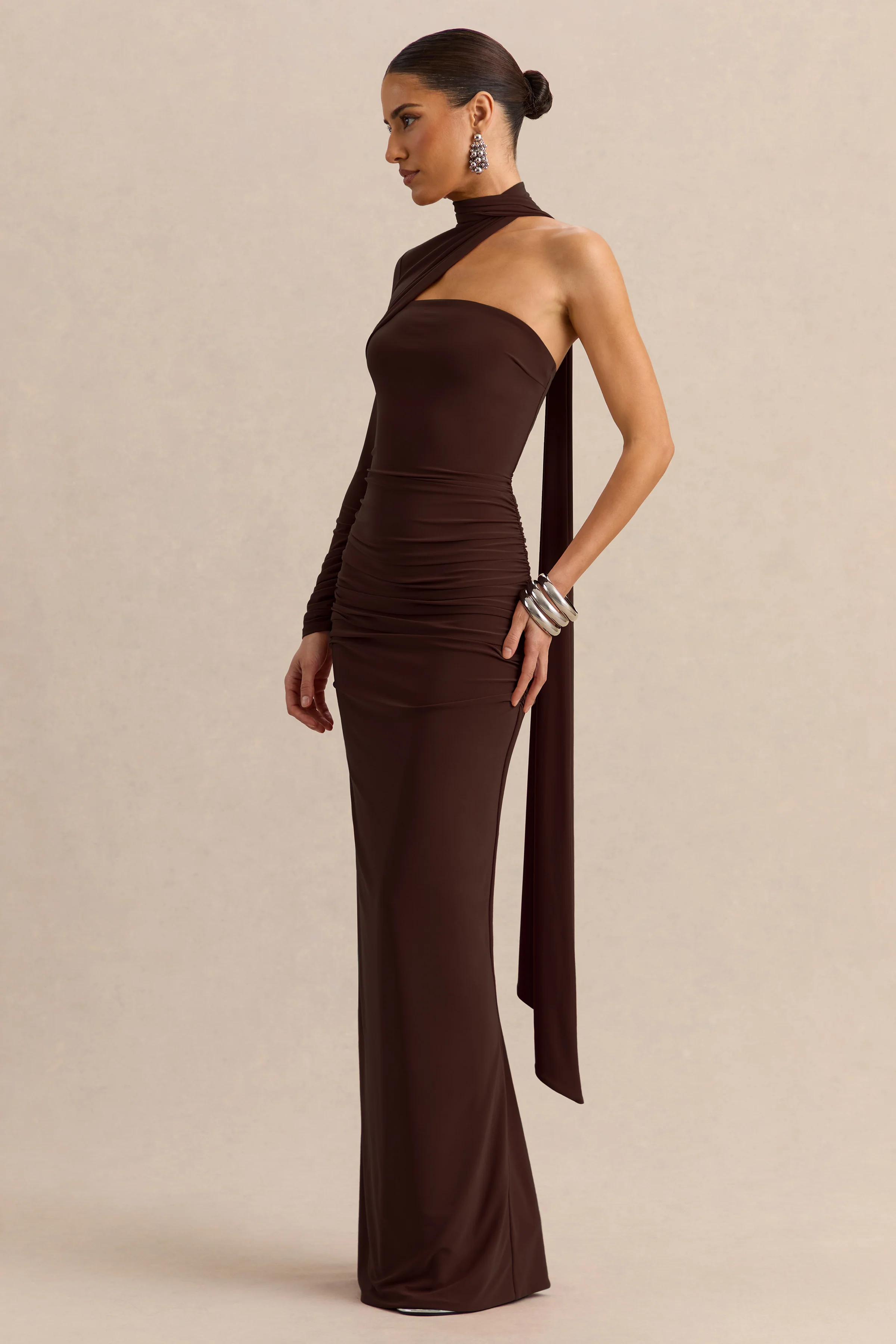 Cerisia | Brown Jersey One Sleeve Maxi Dress With Ruching and Sash
