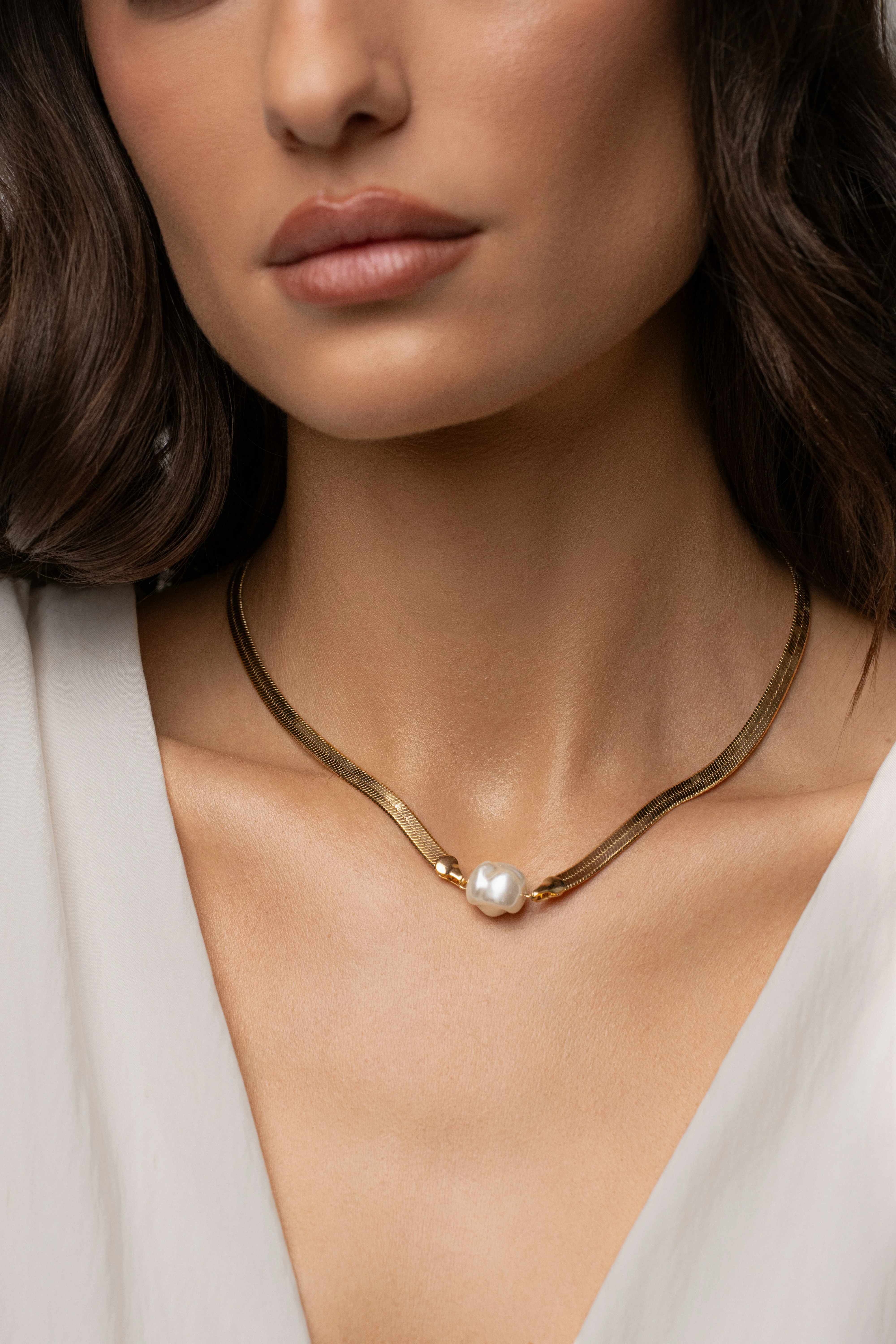 Gold Pearl Herringbone Necklace