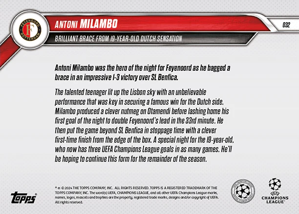 Antoni Milambo - Brilliant brace from 19-year-old Dutch sensation - 24/25 UCC Topps NOW® Card 32
