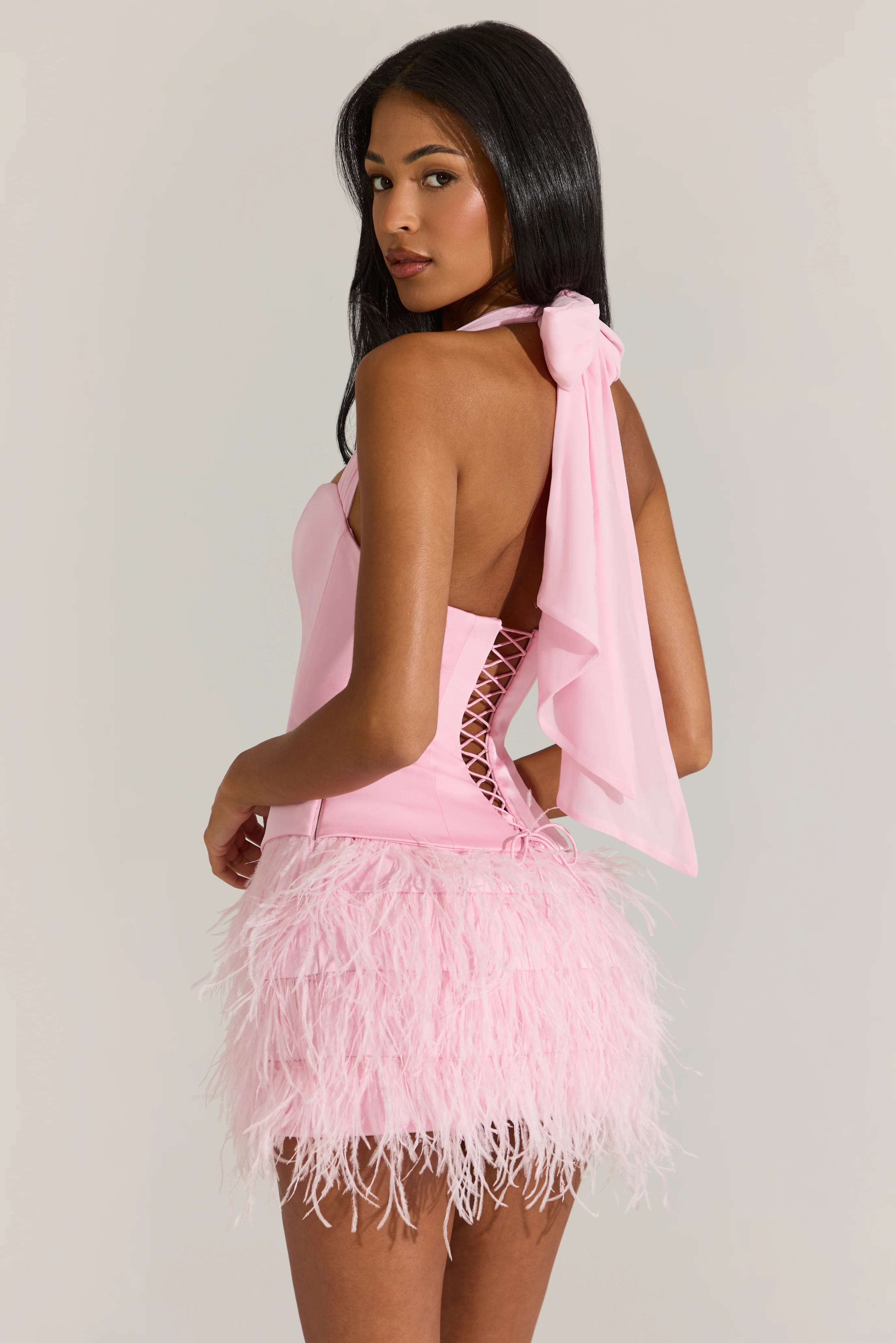 Satin Corset Feathered Mini Dress in Blossom Pink