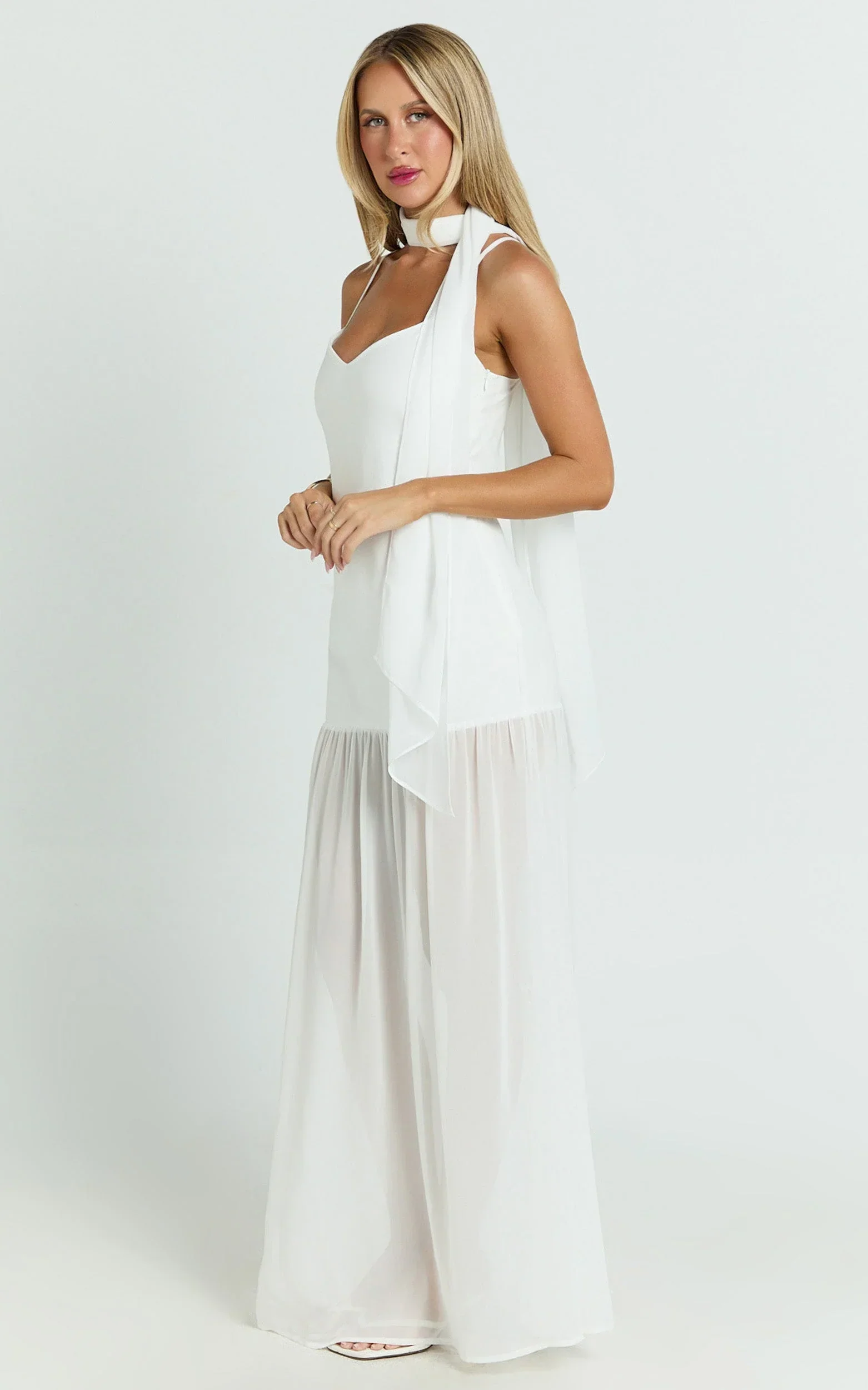 Calvin Maxi Dress - Linen Look Contrast Georgette Skirt with Neck Scarf in White