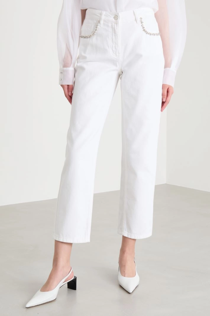 Straight-fit jeans with rhinestones - WHITE