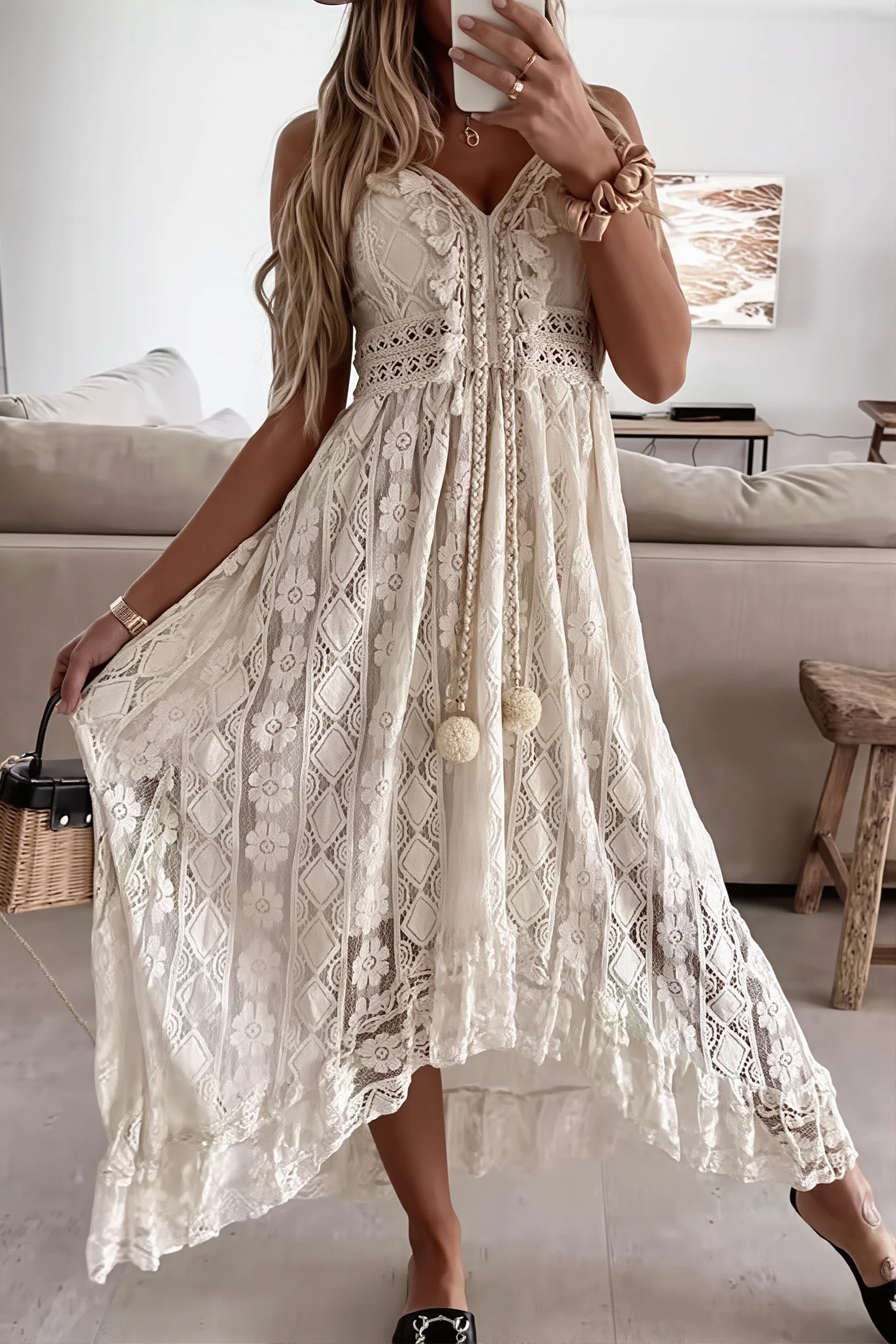 Lace Cami Solid Swing Long Boho Dress