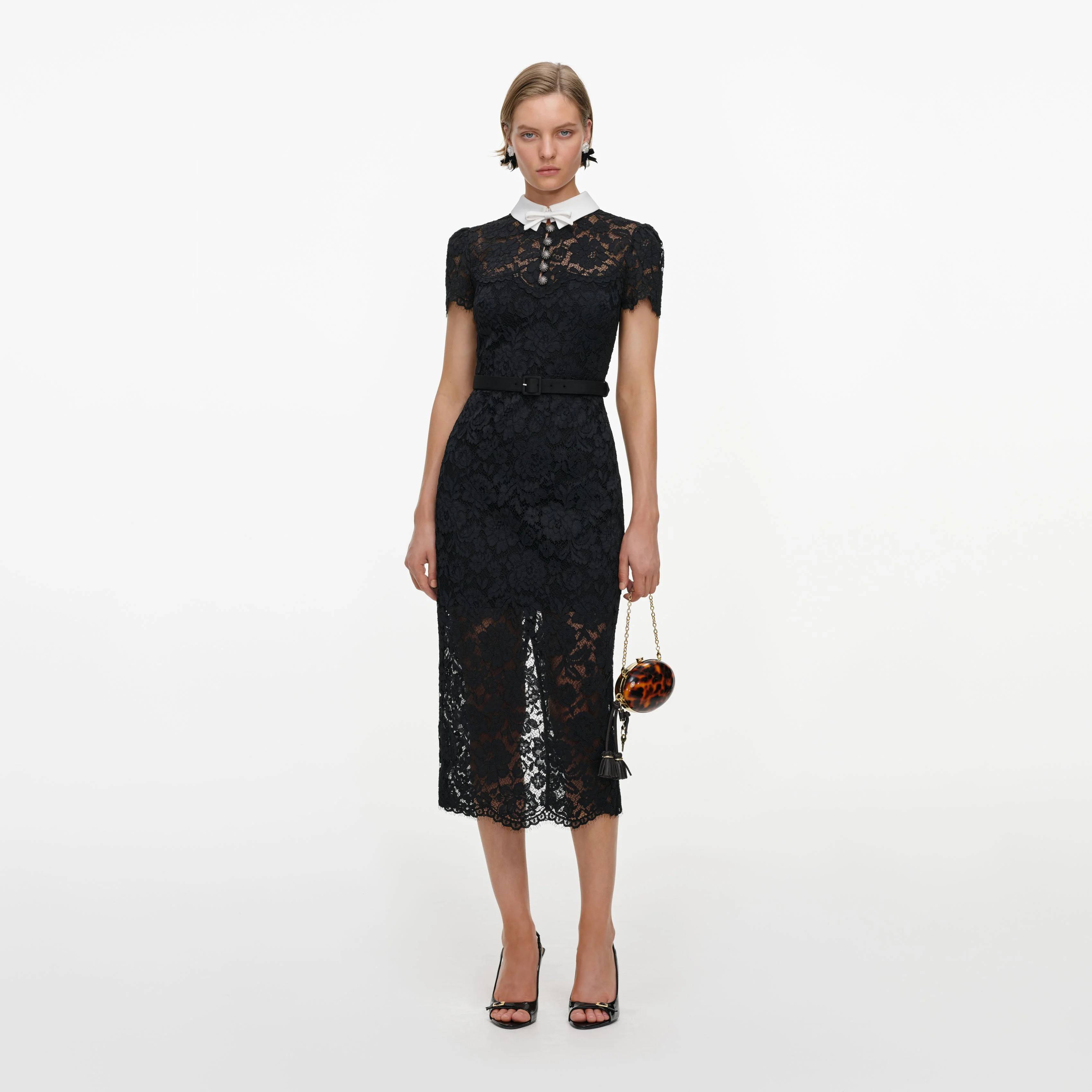Black Lace Contrast Collar Midi Dress