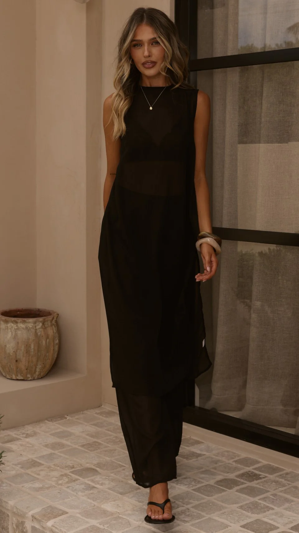 Zaire Long Line Sheer Top and Pants Set - Black