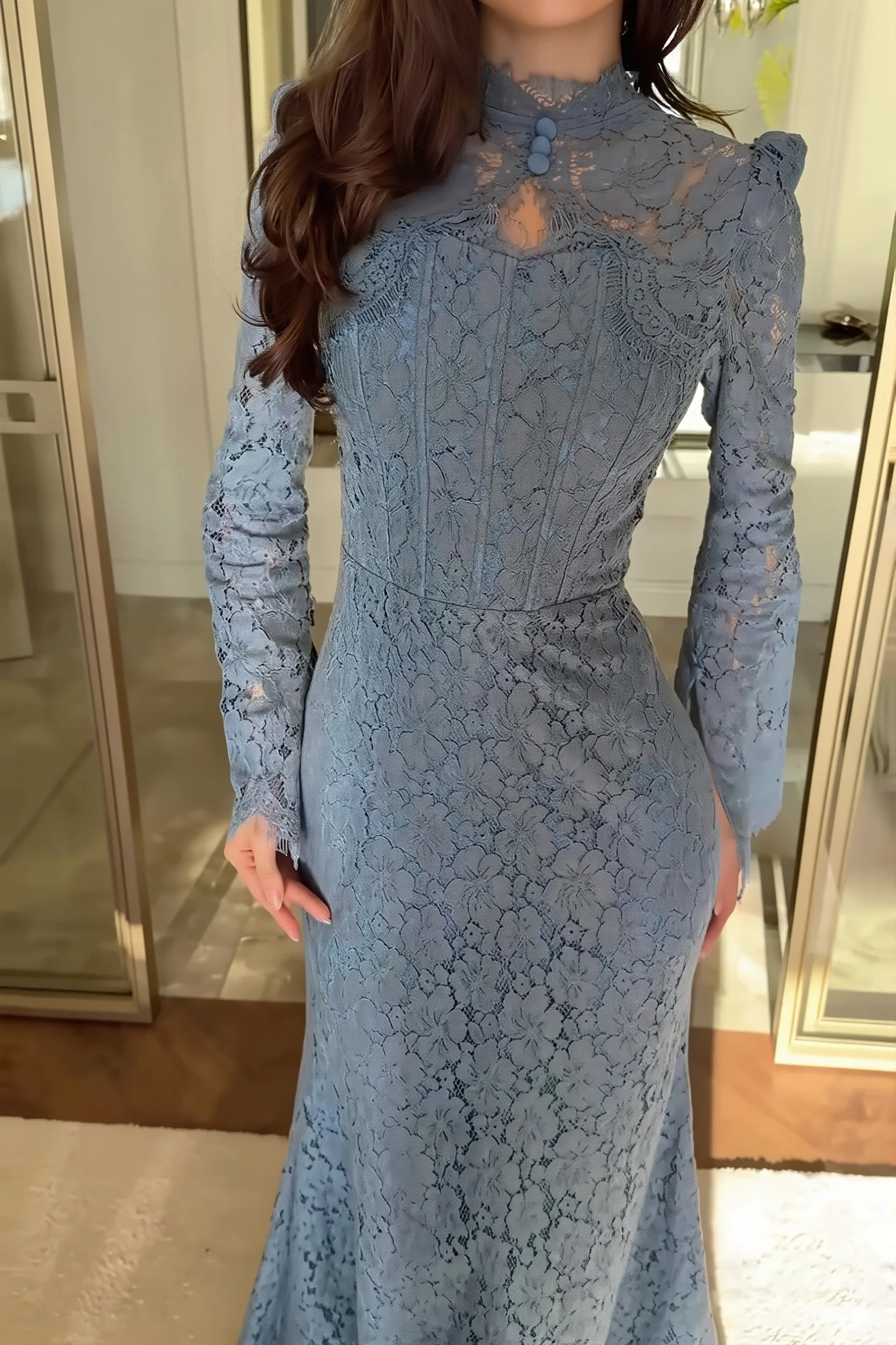Lace Long Sleeve Mermaid Maxi Dress