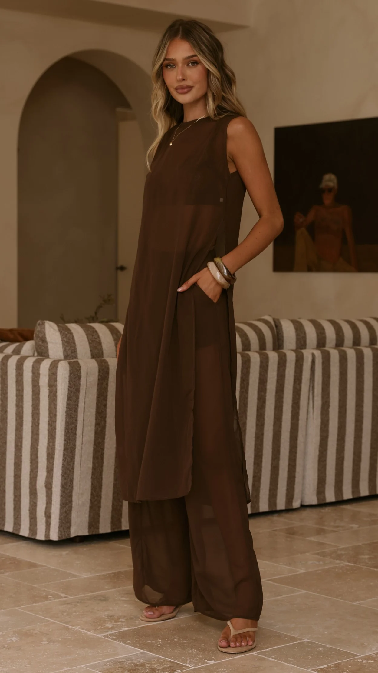 Zaire Long Line Sheer Top and Pants Set - Chocolate
