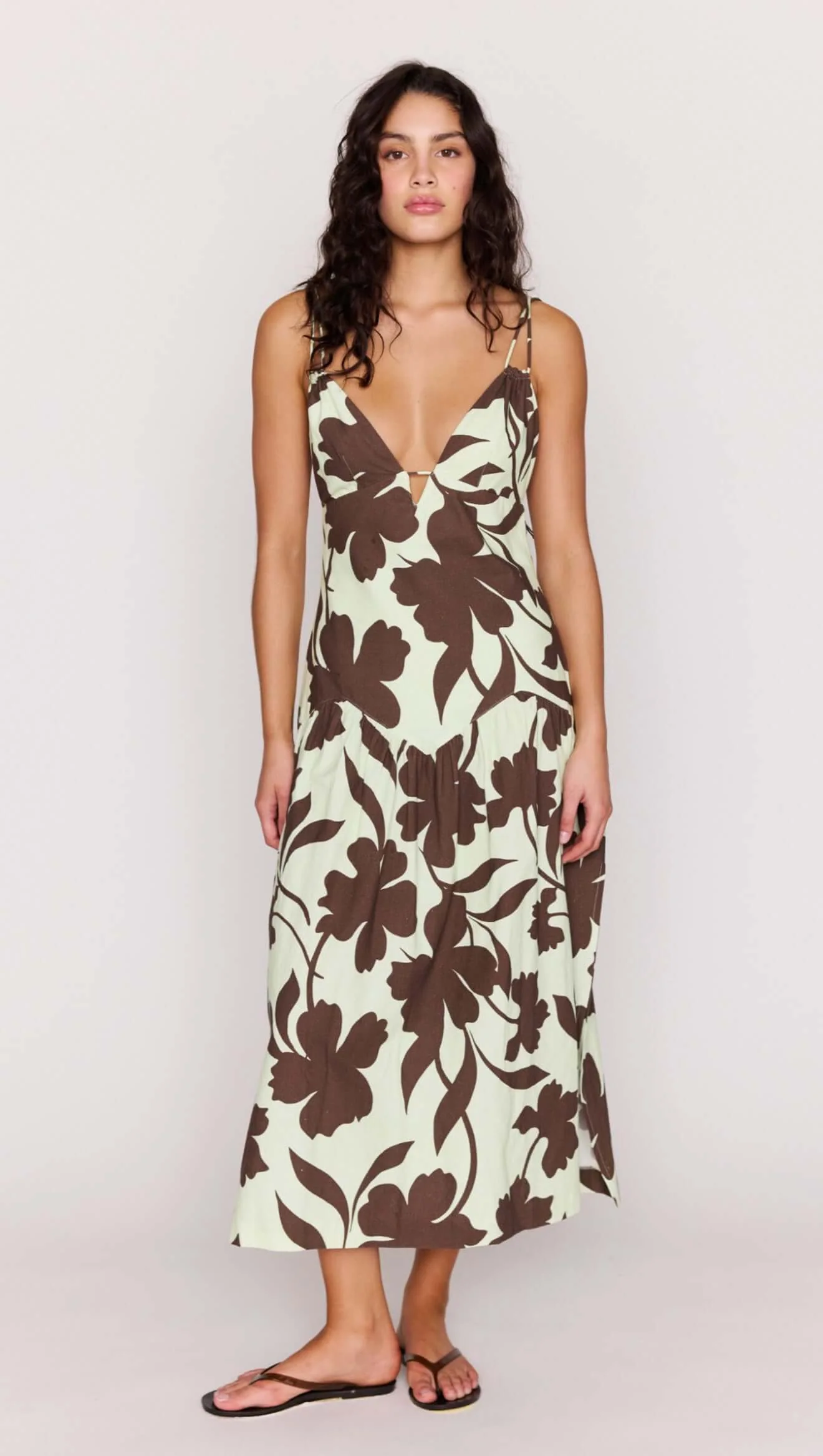Mint Chocolate Cotton Floral Deep V Midi Dress
