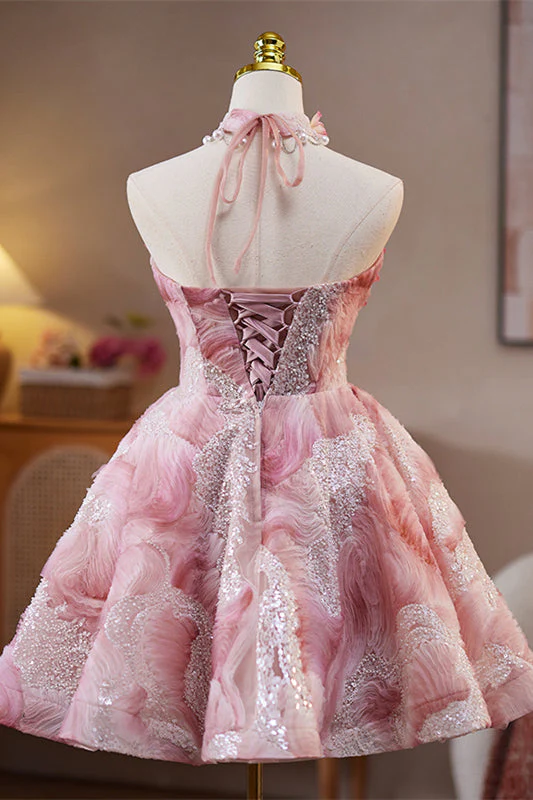 Strapless Pink 3D Floral Short Dress