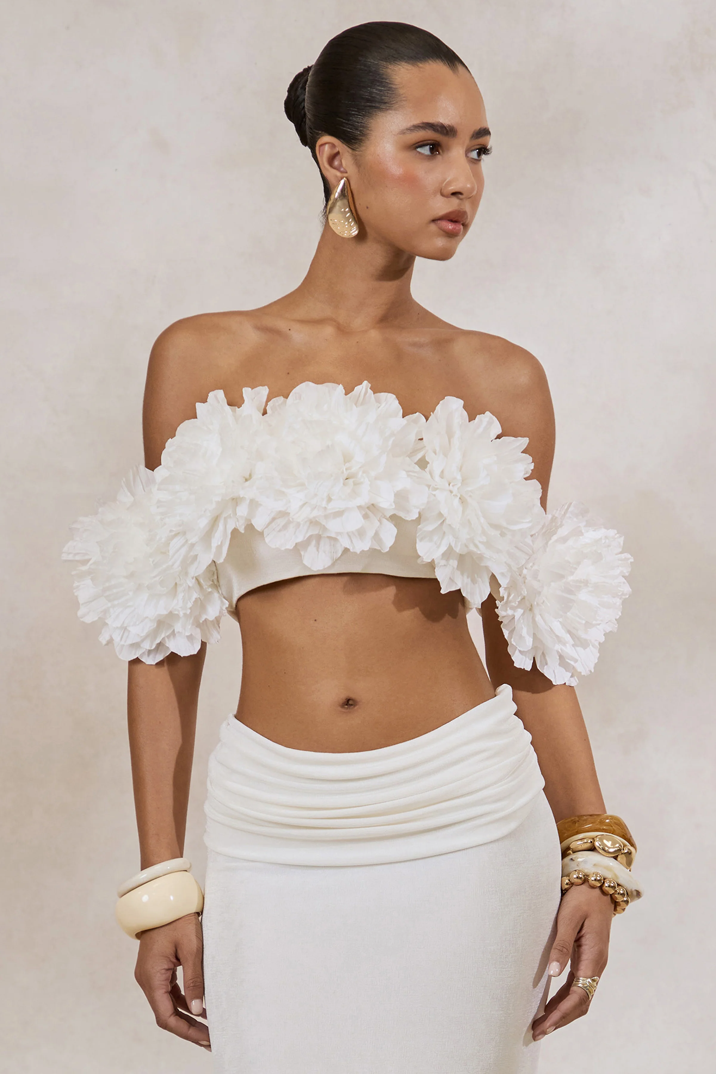 Arwenne | White Bardot-Neck Crop-Top With Corsage Detailing