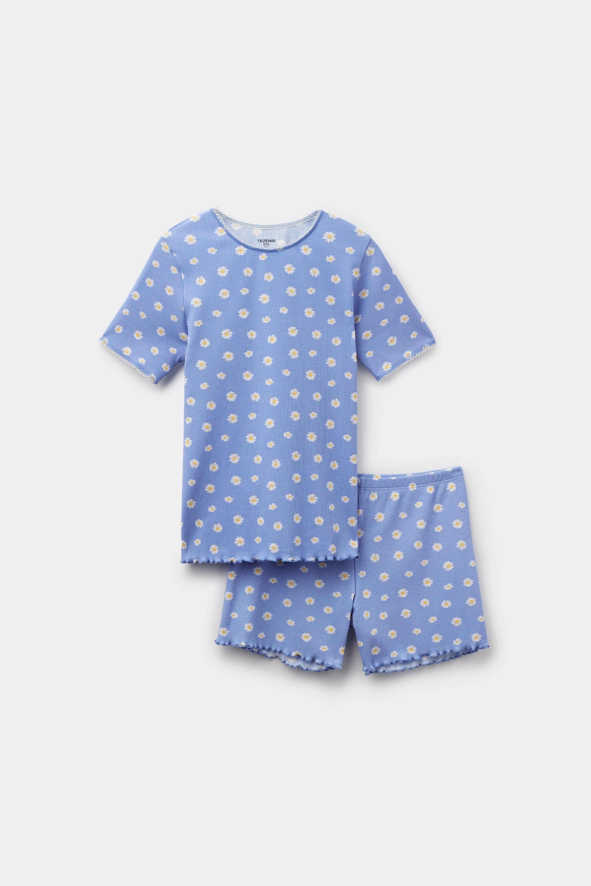 Girls’ Short Ribbed Cotton Pyjamas with Daisy Print