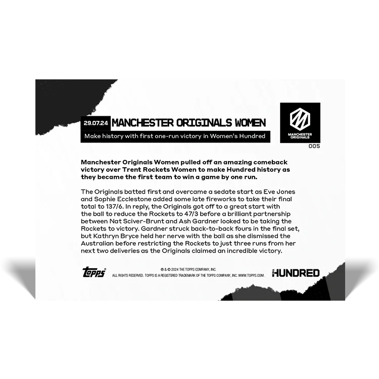 Manchester Originals Women - Make history with first one-run victory in Women’s Hundred - 2024 The Hundred TOPPS NOW® Card 5 - PR:14