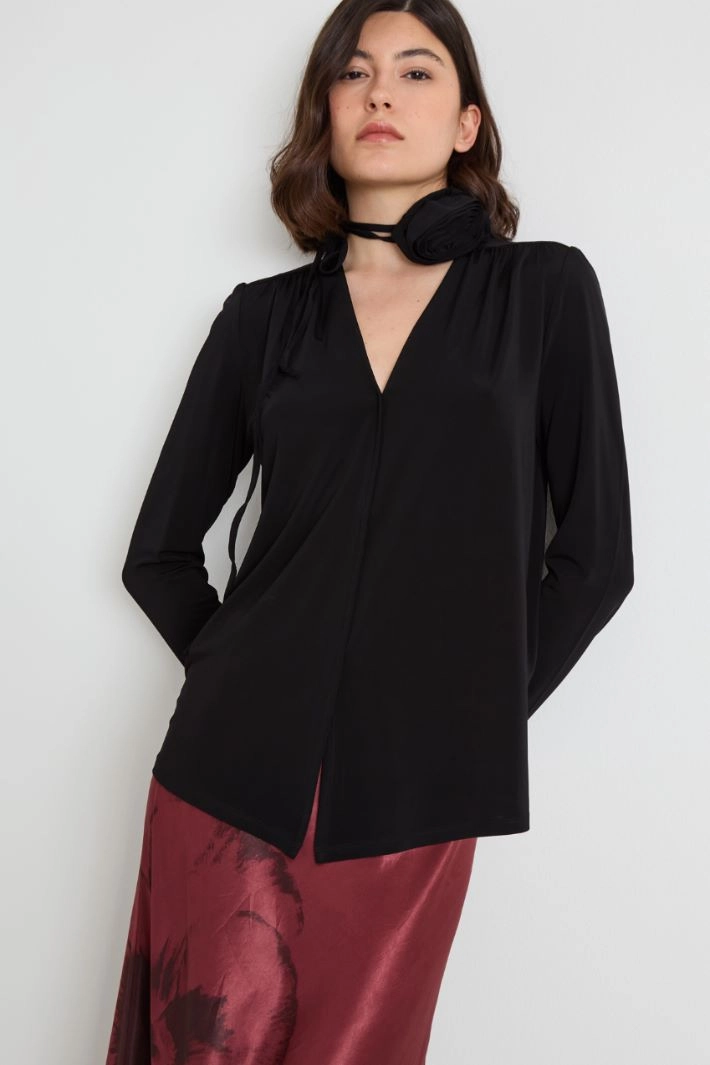 Blouse with ribbon and flower detail - BLACK
