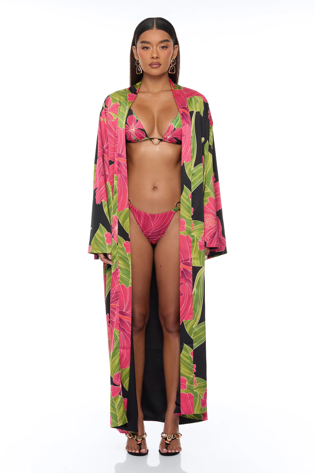 Tropic Oasis Vacation Kimono Bikini 3 Piece Set - Black/combo