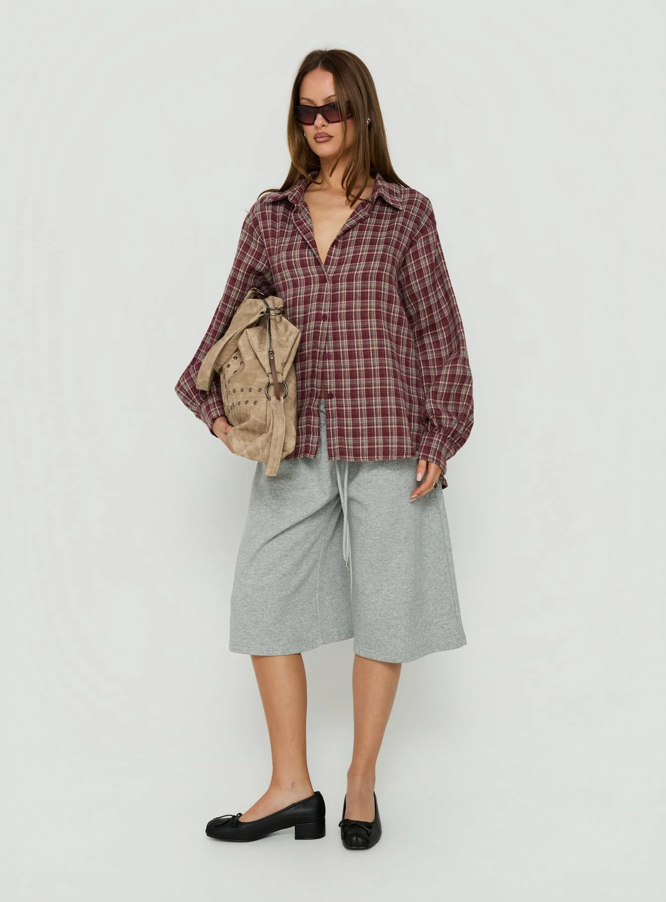Caydence Long Sleeve Button Down Flannel Top Burgundy Check