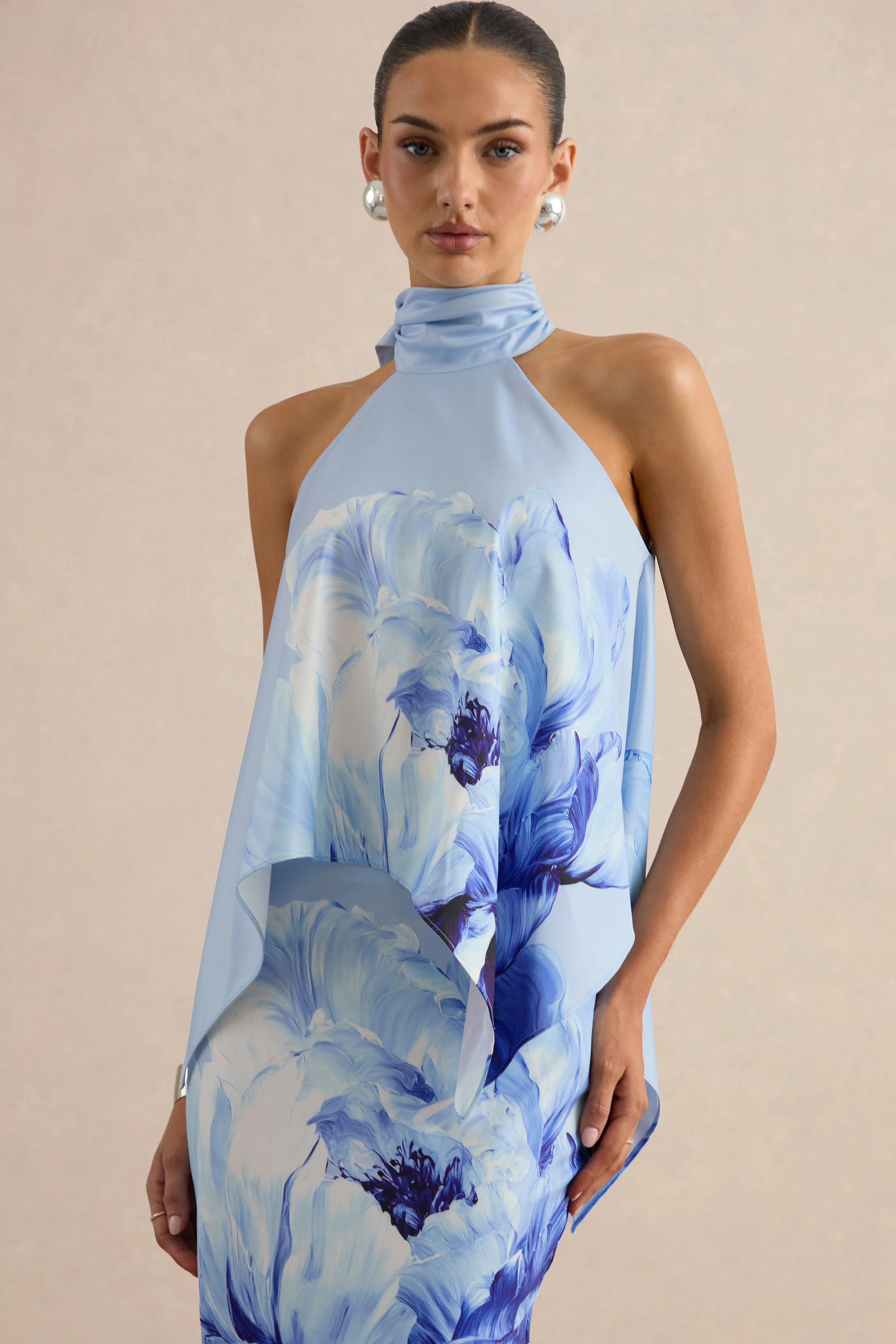 Sancelle | Blue Border Floral Print Satin High Neck Top With Ruching