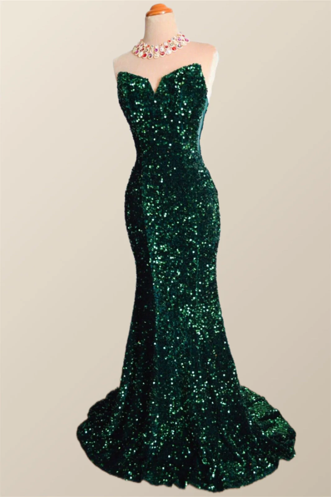 Strapless Dark Green Velvet Sequin Mermaid Party Dress