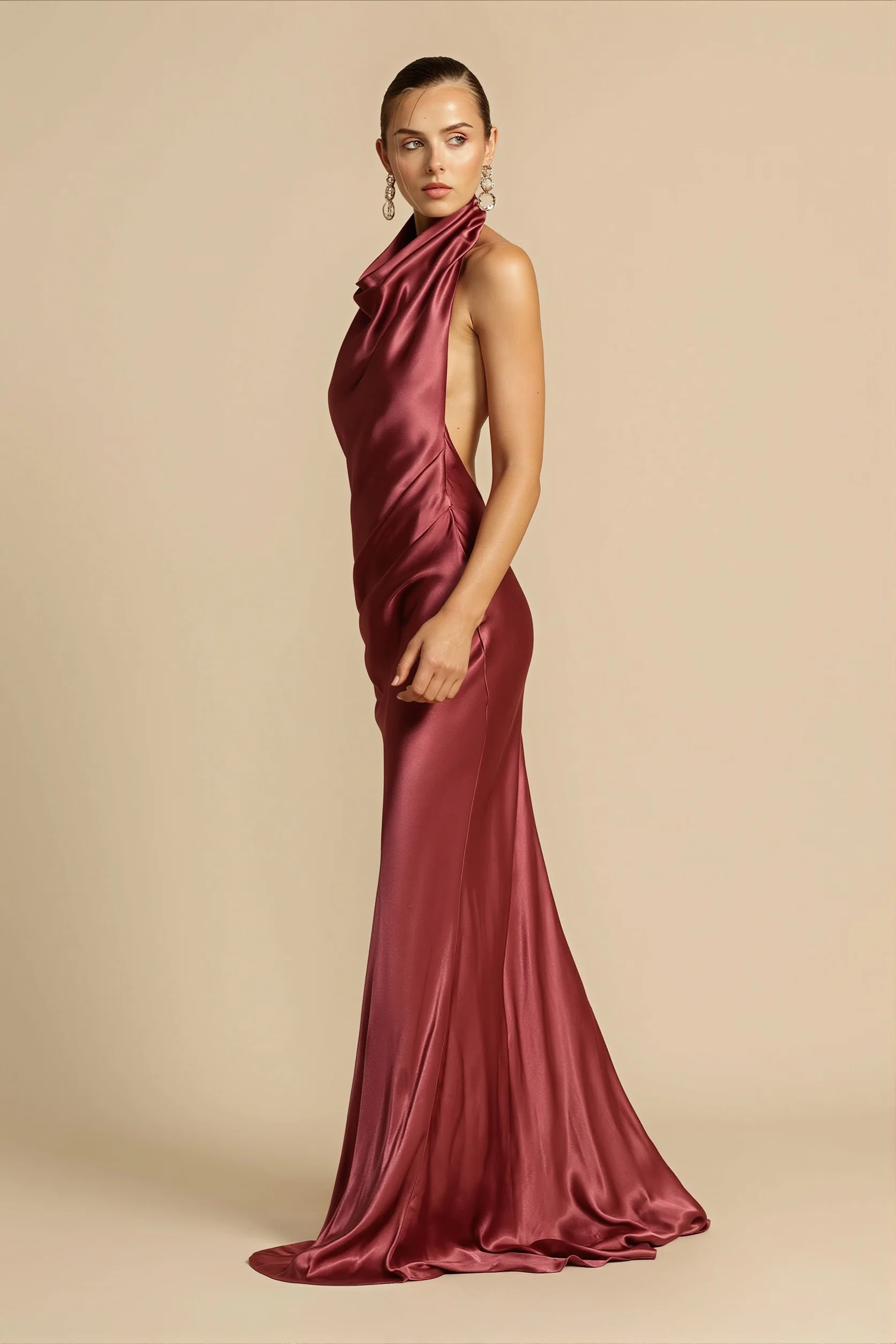 Solid Satin Halter Backless Maxi Dress