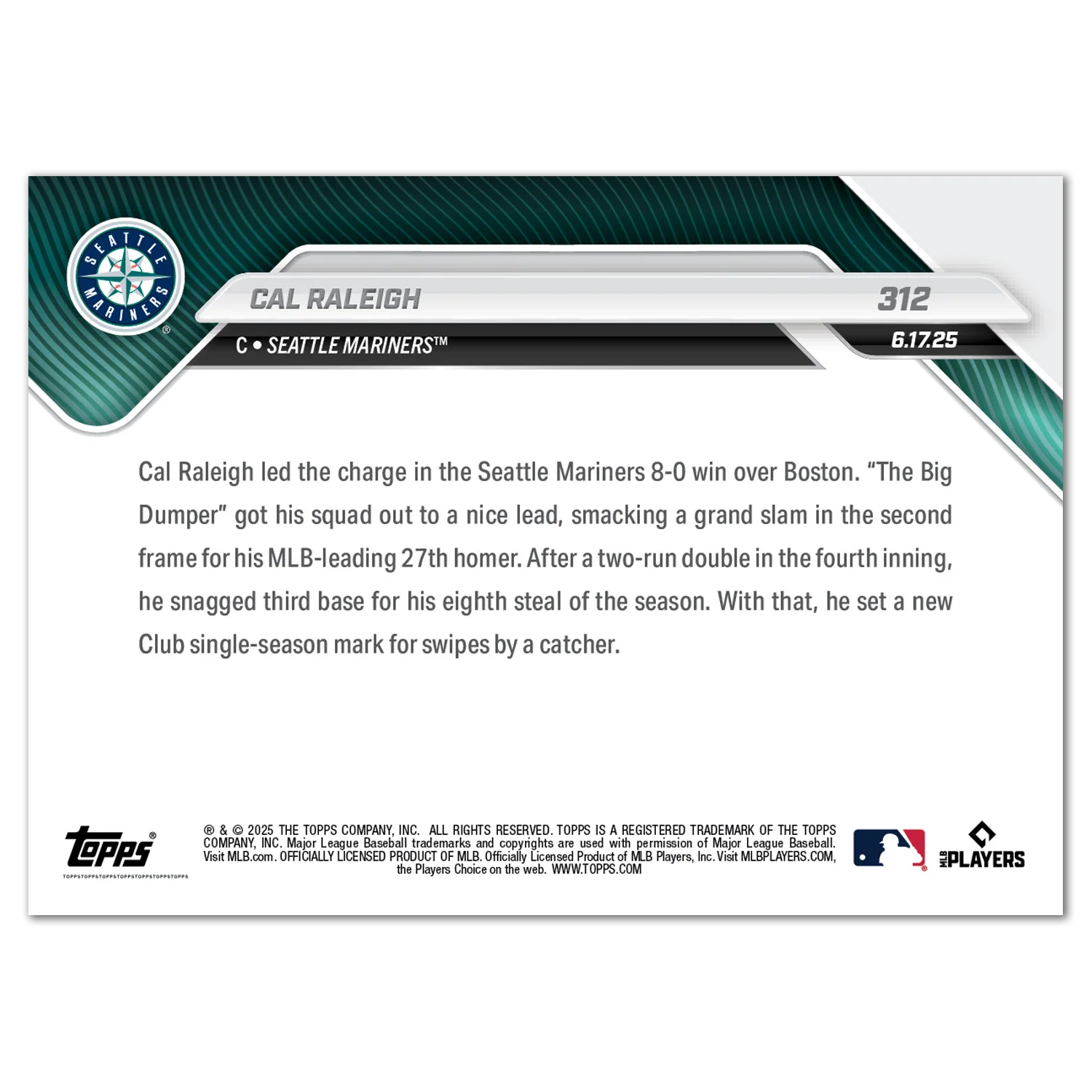 Cal Raleigh - 2025 MLB Topps NOW® - Card 312