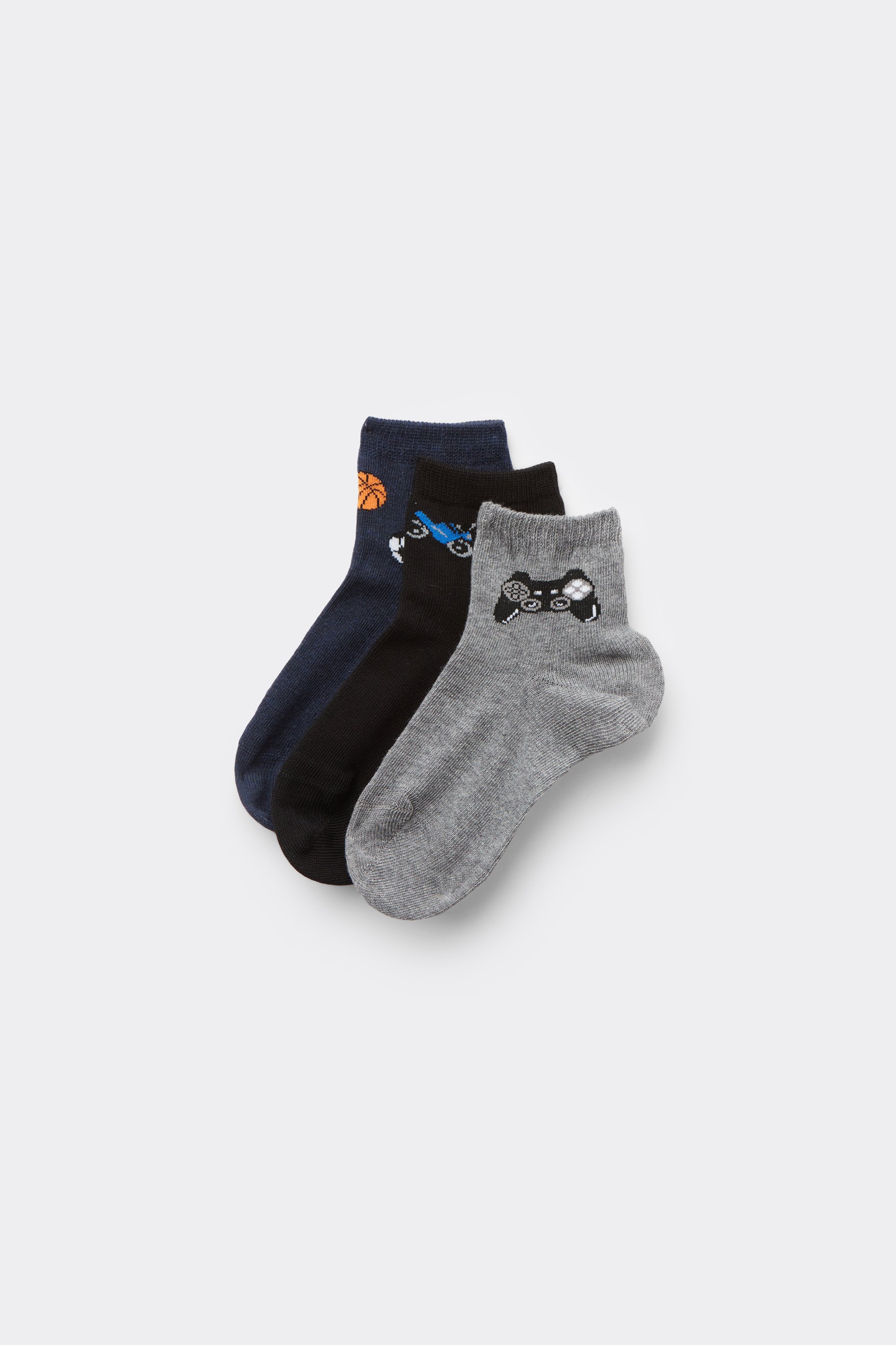 Three Pairs of Boys' Short Patterned Hemless Cotton Socks