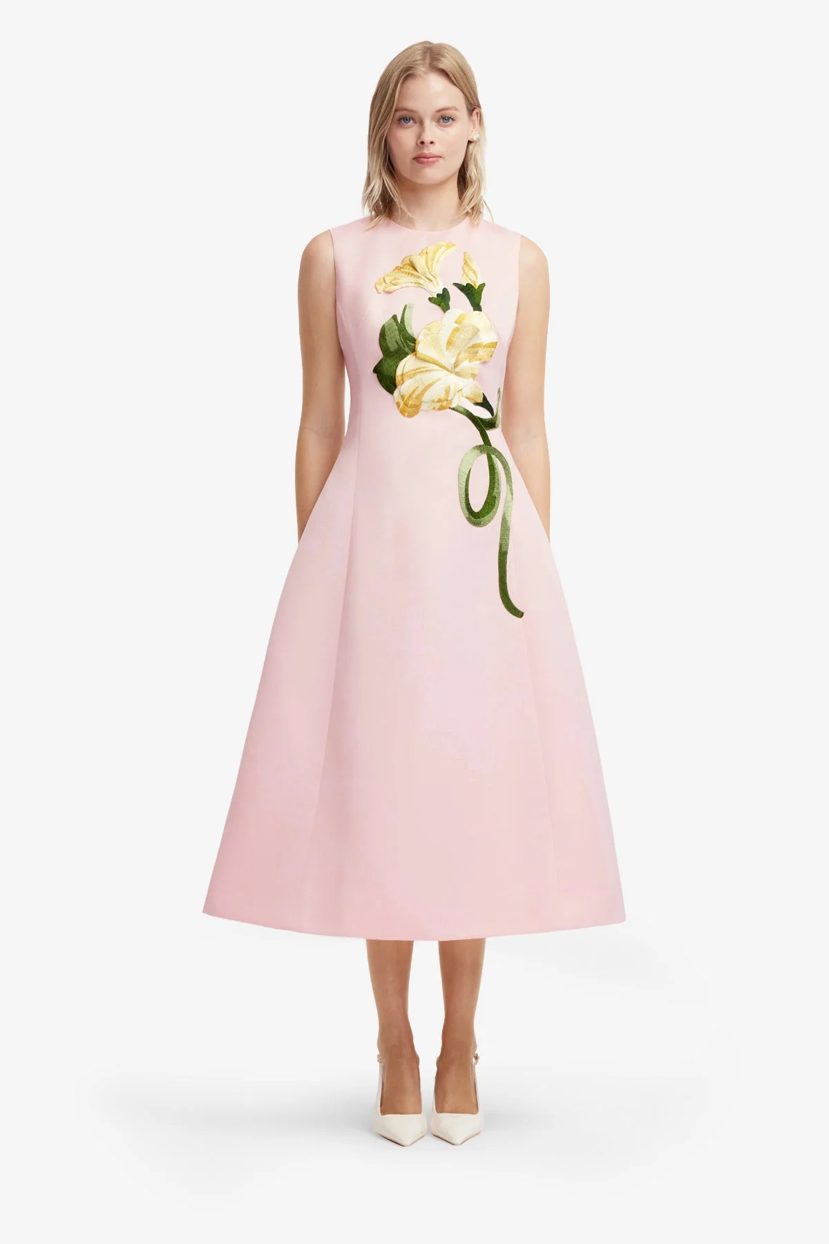 Cleo Appliqué Sleeveless Midi Dress - Vine Print in Pink